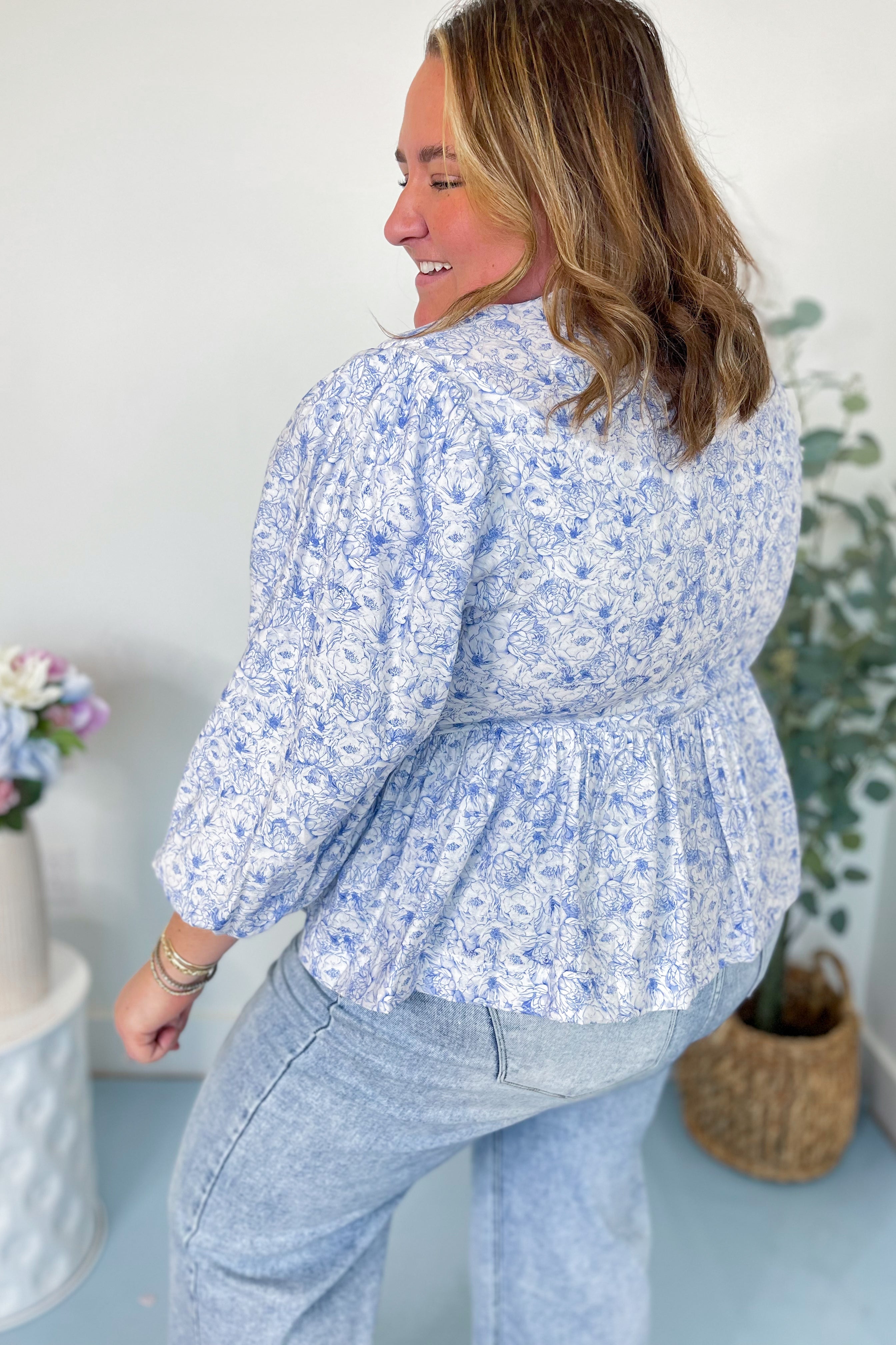 Azure Water Paint Floral Blouse - Be You Boutique