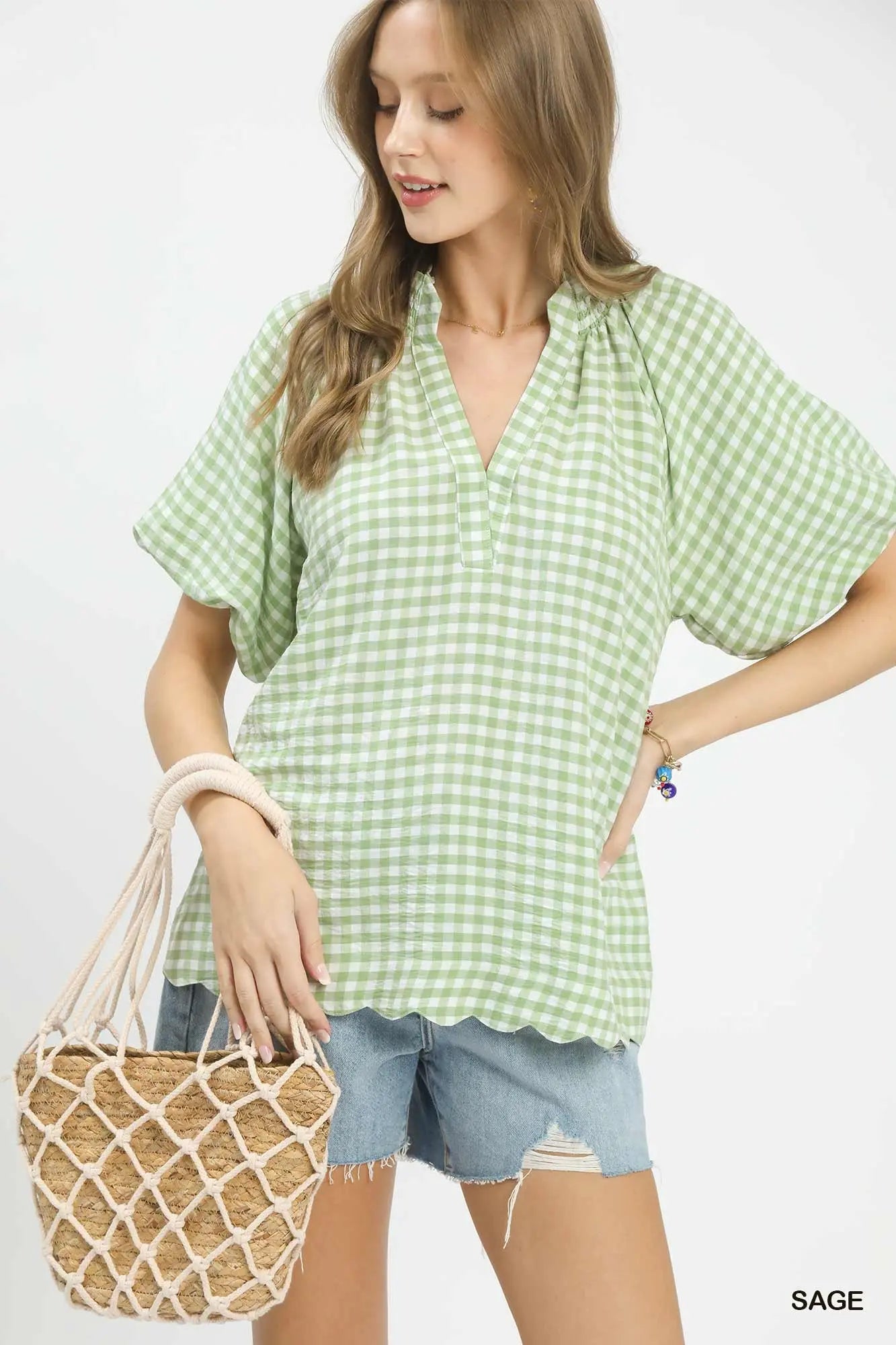 UMGEE USA Rowan Sage Plaid Puff Sleeve Top, 110 dressy blouse with plaid print and puff sleeves, stylish casual wear.