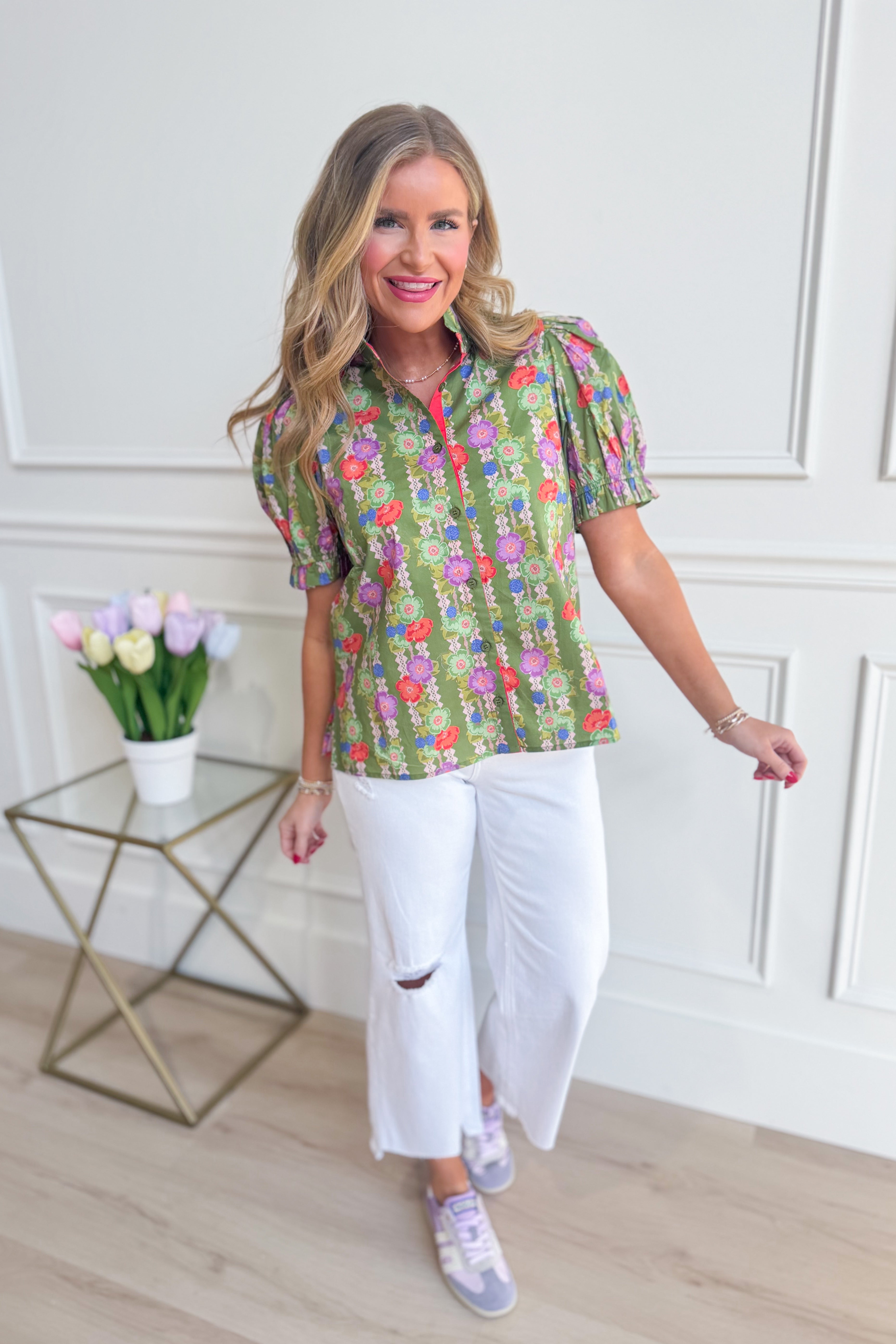 JODIFL Gretta contrasted accent button-down top, a stylish dressy blouse with contrasting details and classic collar, perfect for formal occasions.