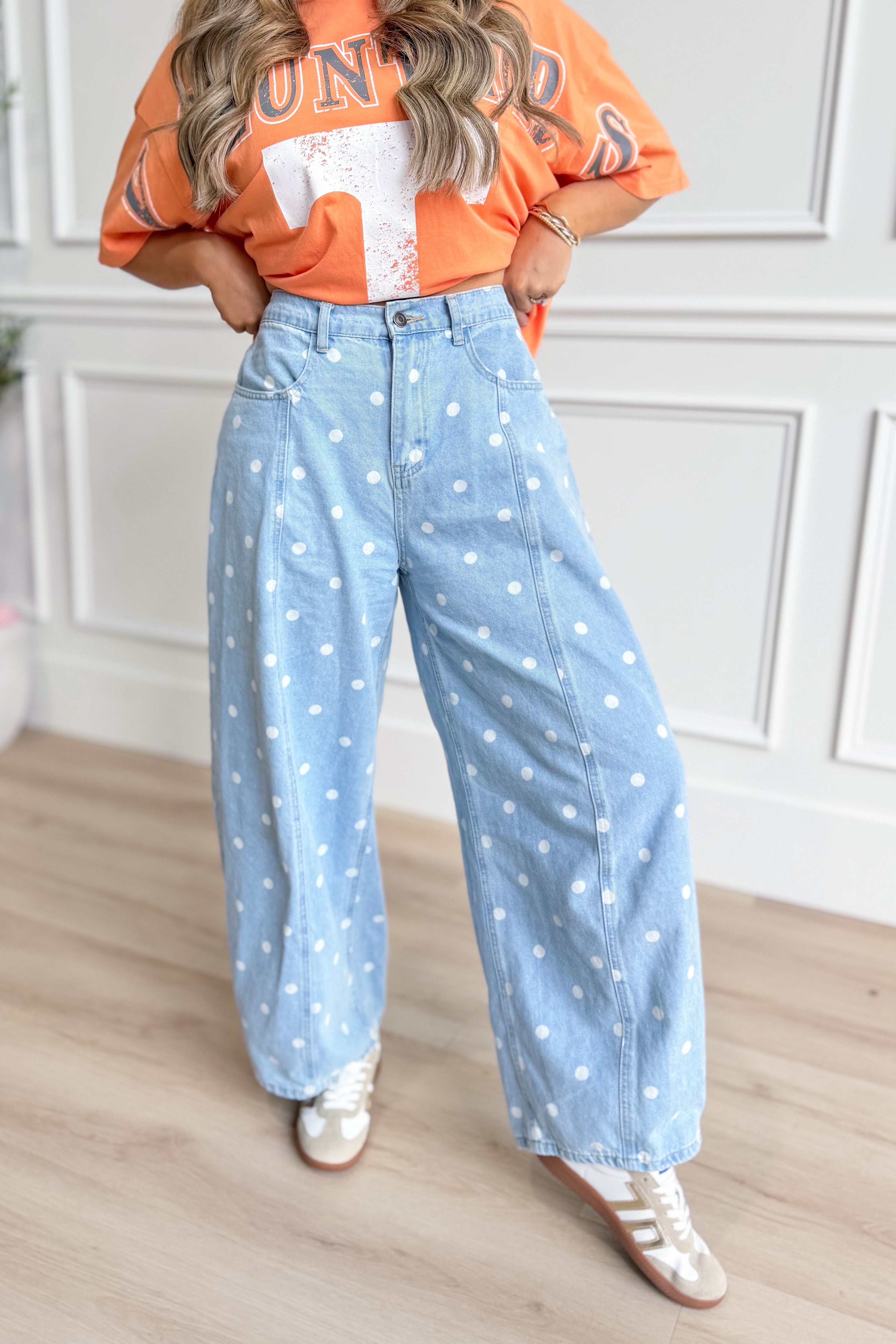 PEACH LOVE Cupid Polka Dot Barrel Jean with novelty polka dot pattern and relaxed fit, denim style with unique design details.