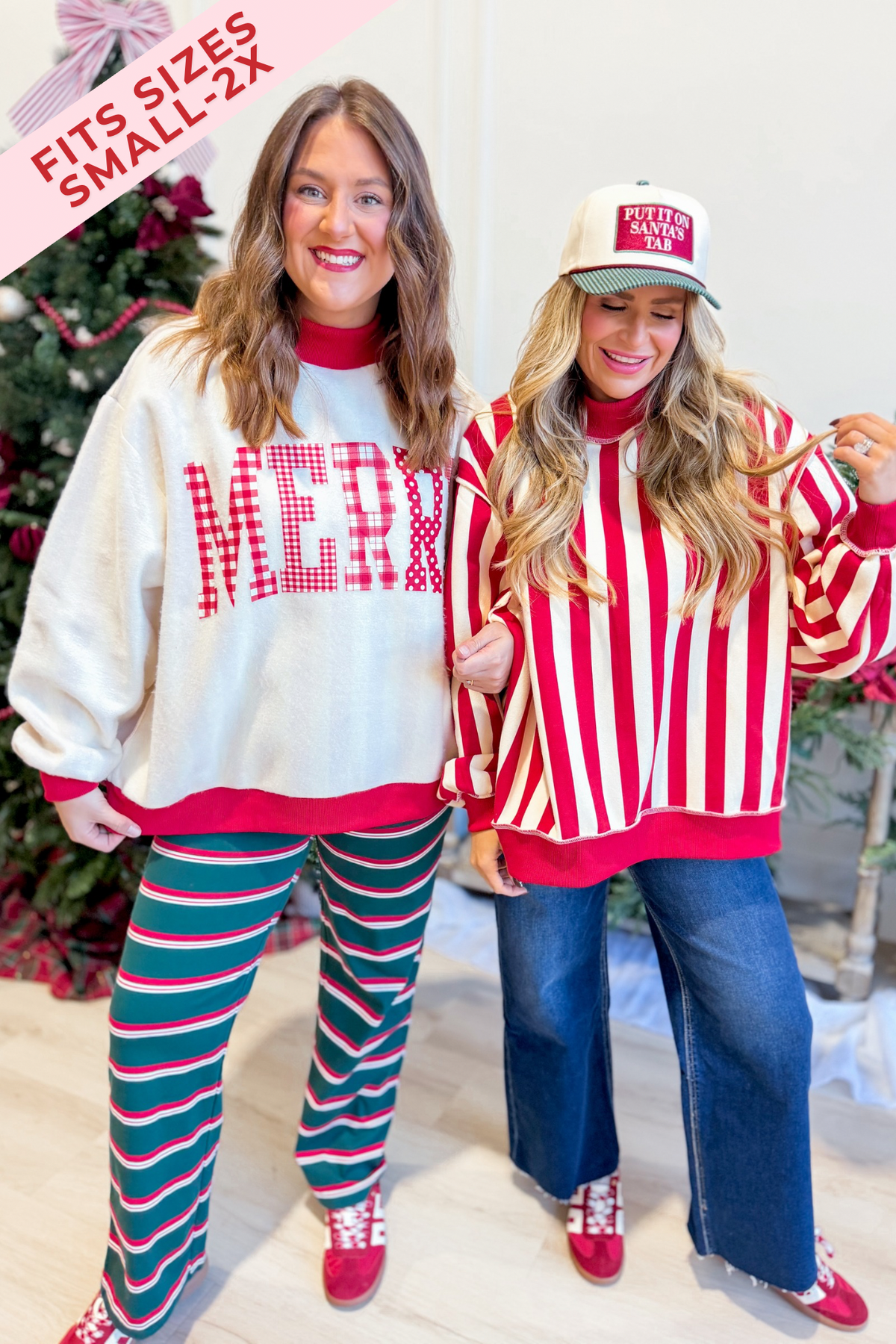 Red and white striped reversible sweatshirt from PEACH LOVE's Merry and Striped Red 137 Graphic Sweatshirt collection, showing front view.