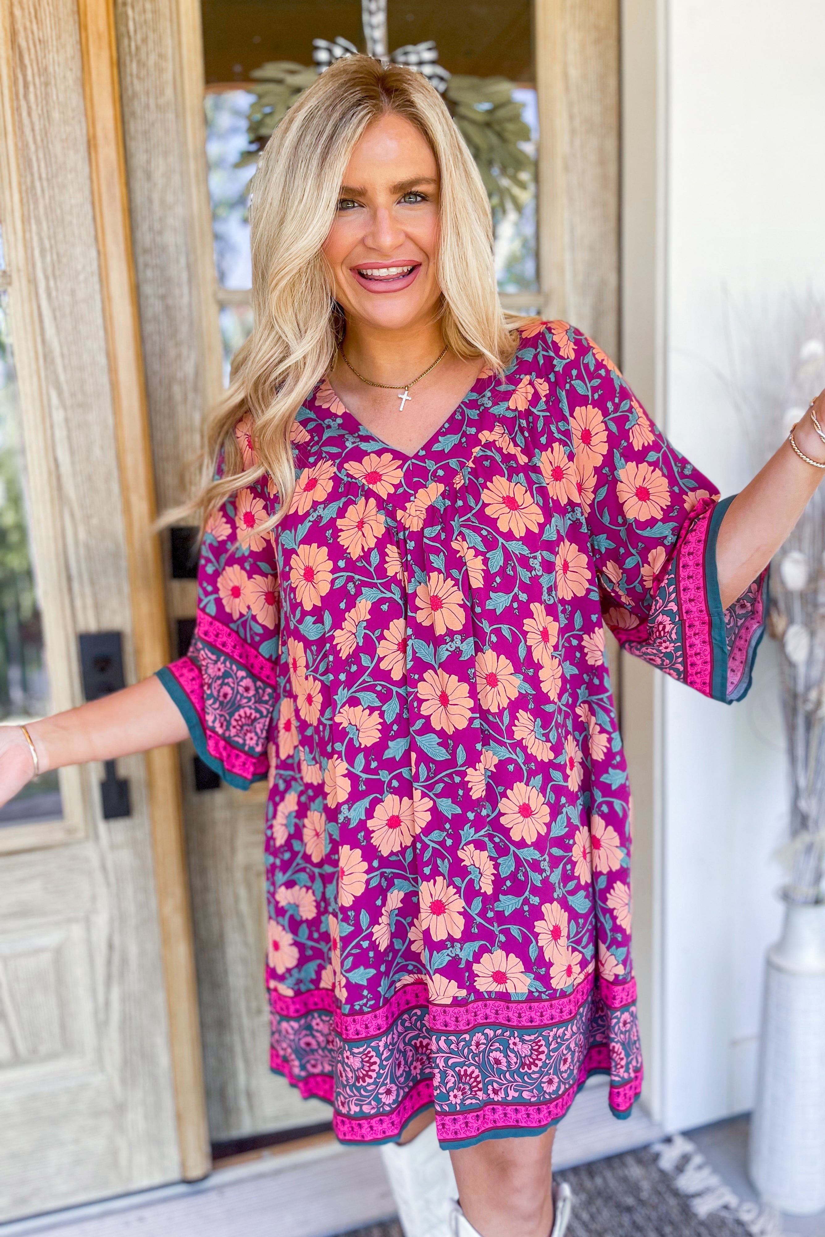 Erin 3/4 Sleeve Border Print Challis V Neck Dress *FINAL