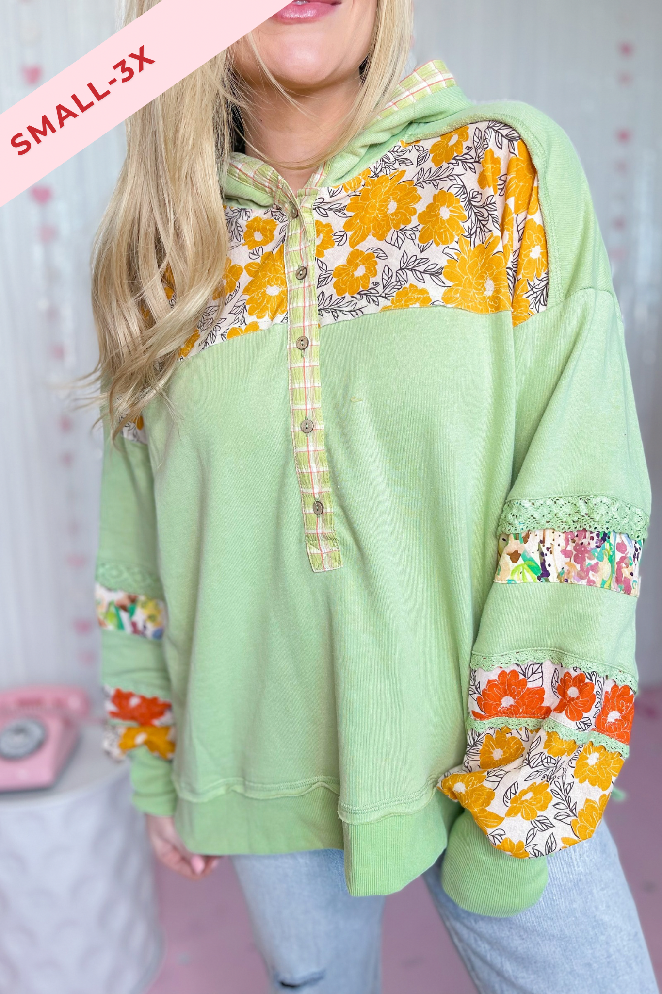 Sonny Mix Print Button Front Hoodie Pullover Top - Be You Boutique