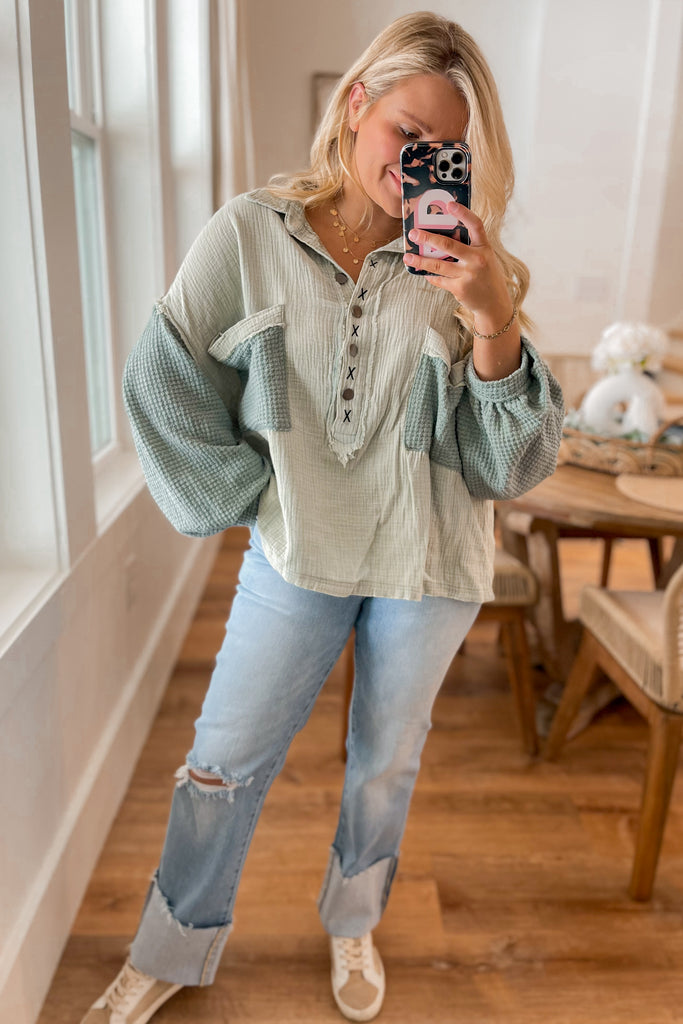 Emmie Long Size Oversize Button Down Thermal Sleeve Shirt Top - Be You Boutique
