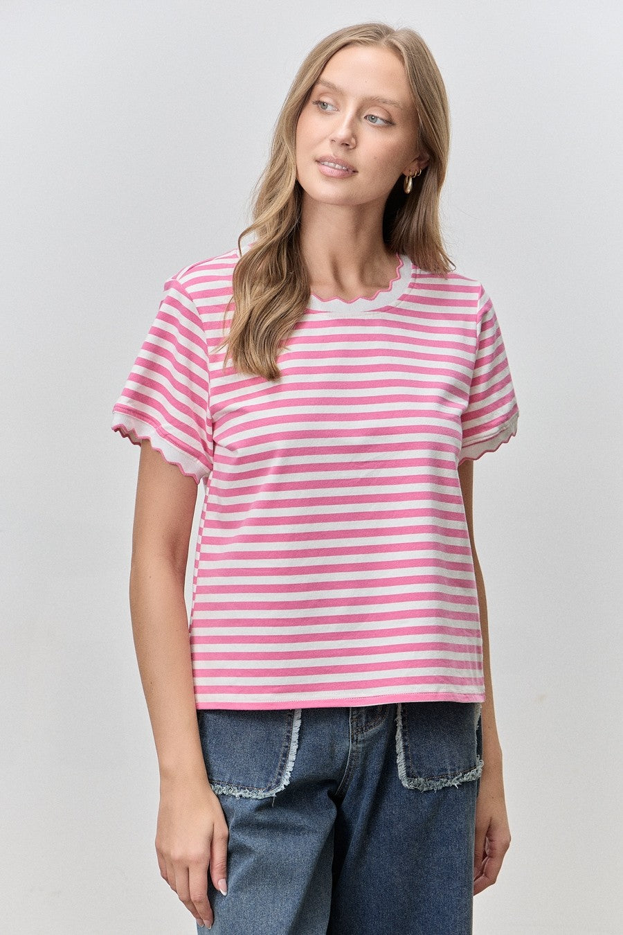Laura ivory striped scallop trim casual top from BAEVELY featuring a relaxed fit and scalloped neckline.