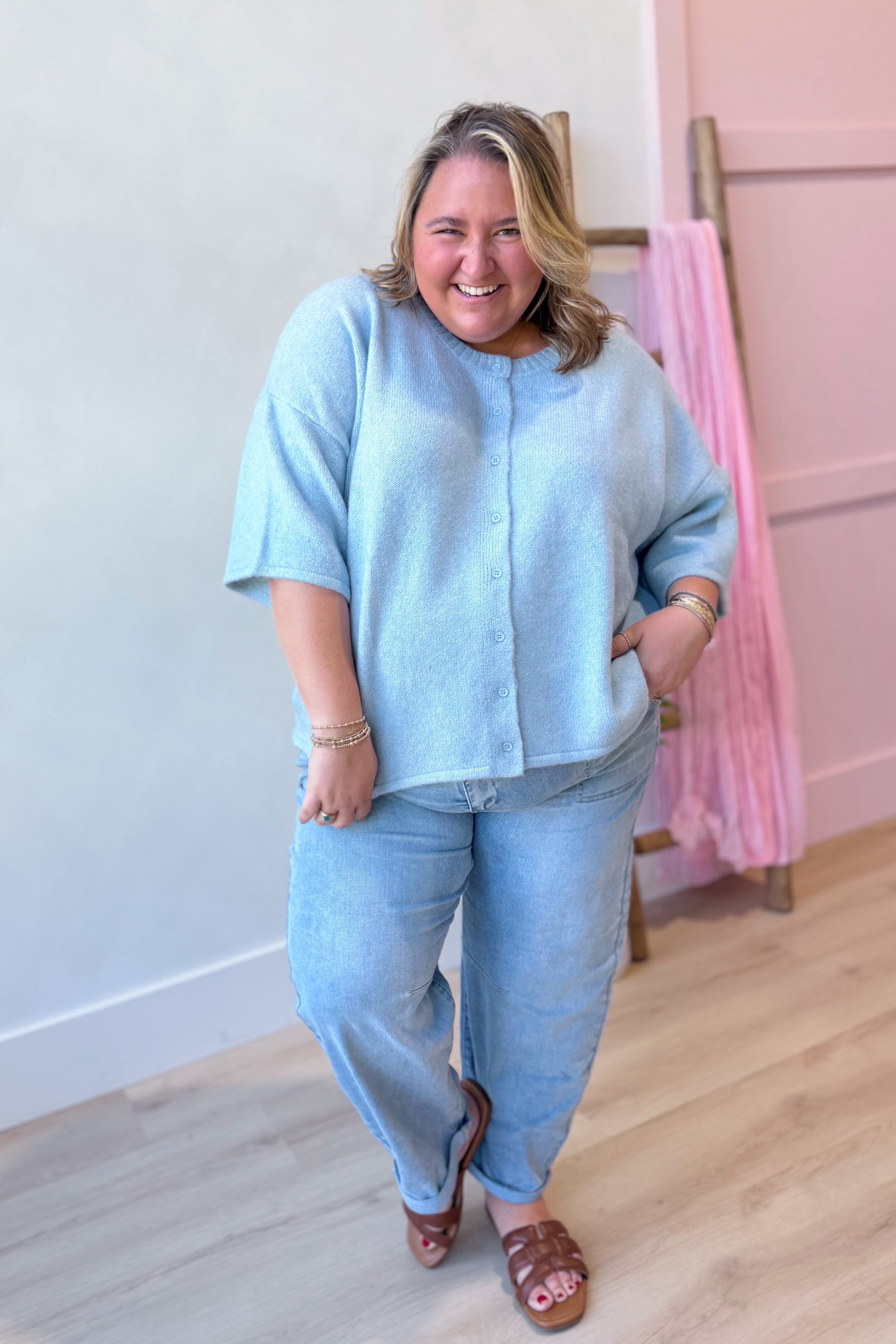 Baevly Lauren button-down cardigan top in a spring sweater style, shown in a soft, light-colored fabric with button details.
