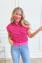 ENTRO Maggie striped button-down top, 105 casual blouse with long sleeves and collar, featuring vertical navy and white stripes.