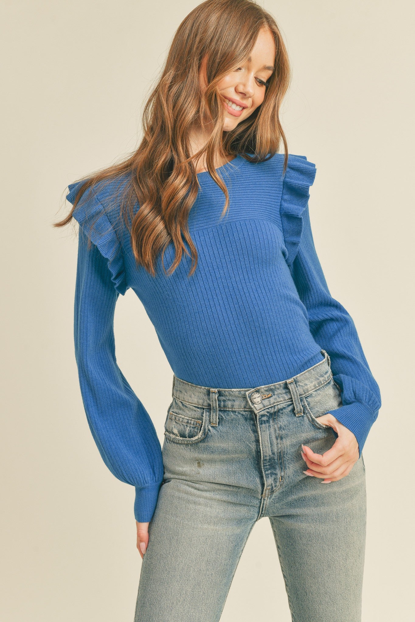 Kansas Long Sleeve Ruffle Shoulder Lightweight Sweater Top - Be You Boutique