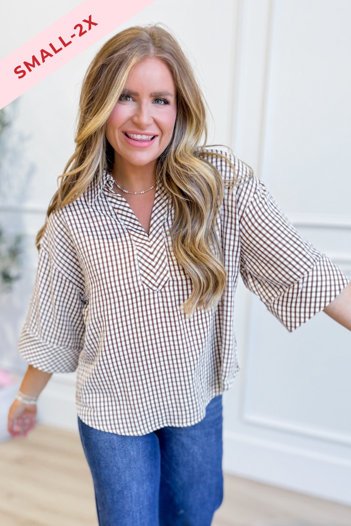 ENTRO Annie Gingham V-Neck Top, a stylish dressy top with a classic gingham pattern and V-neck design.