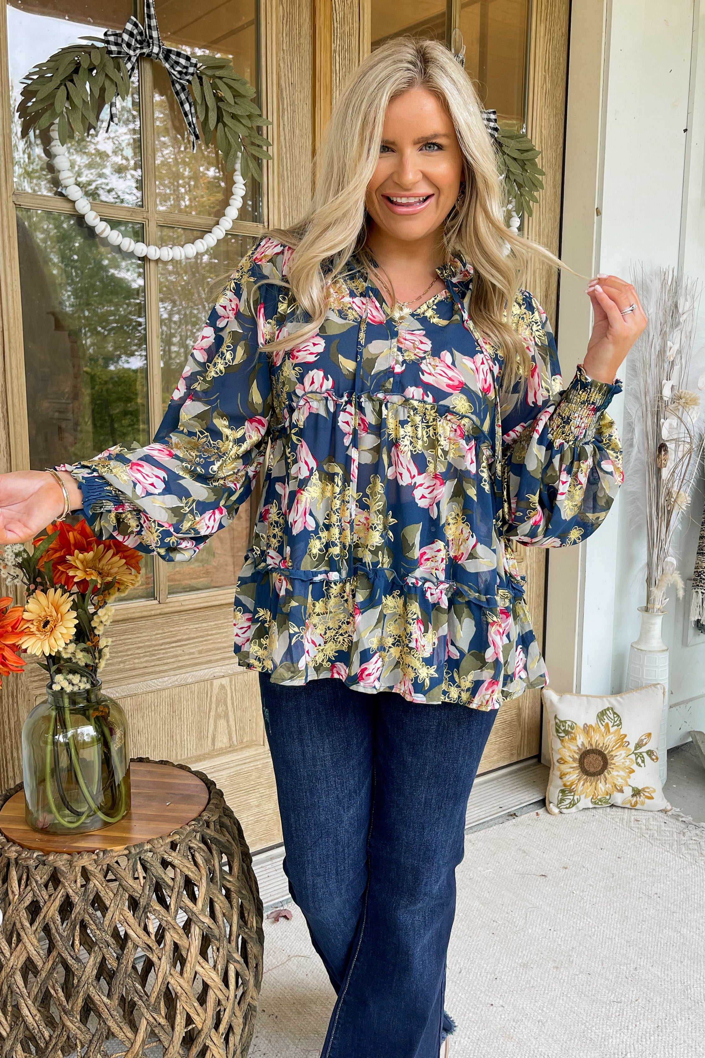 Barclay Gold Foil Floral Print Long Sleeve Top - Be You Boutique