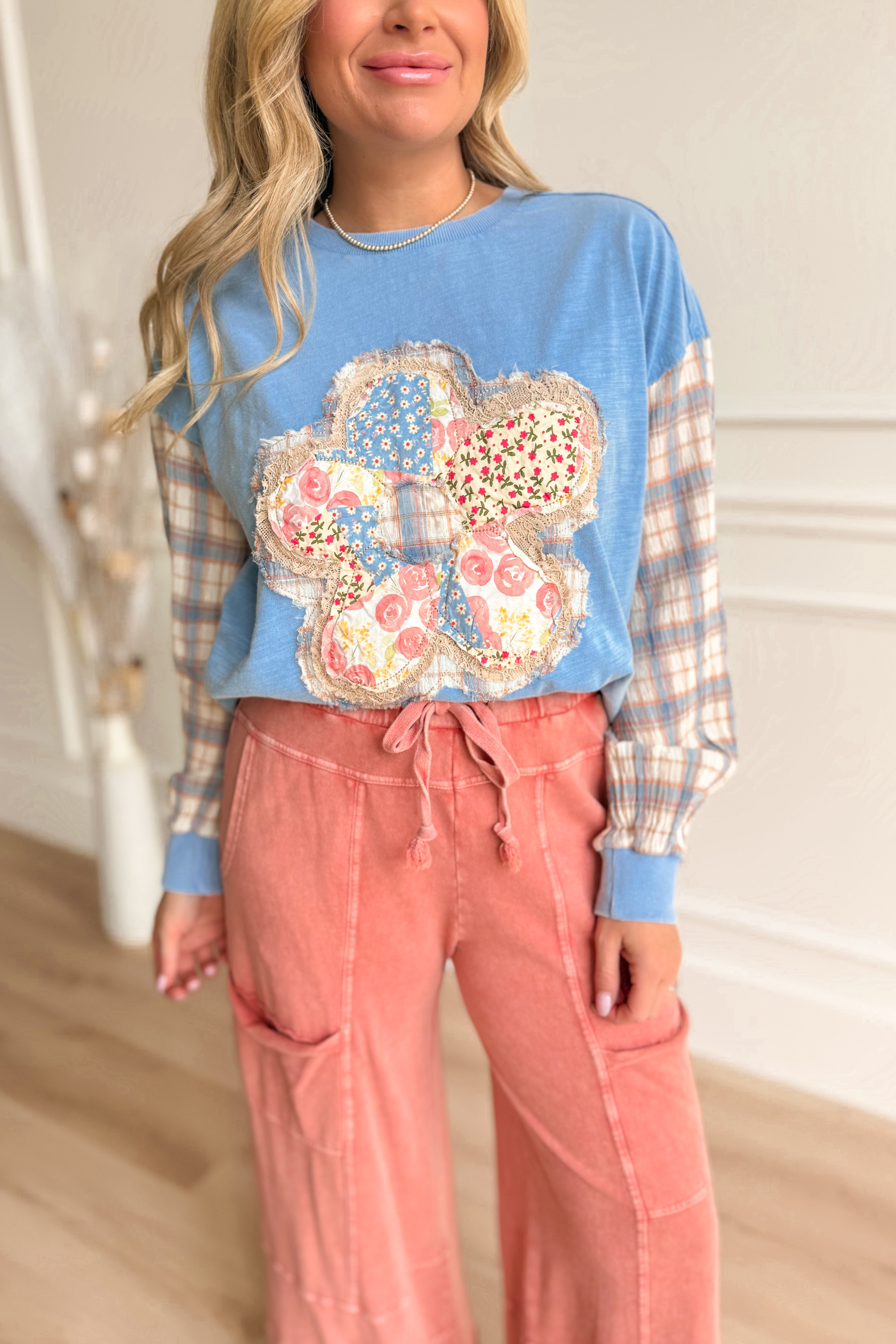 Sonya Plaid Sleeve Flower Patch Top - Be You Boutique