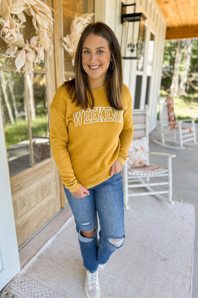 WEEKEND Puff Print Ever So Soft Long Sleeve Graphic Pullover Sweatshirt - Be You Boutique