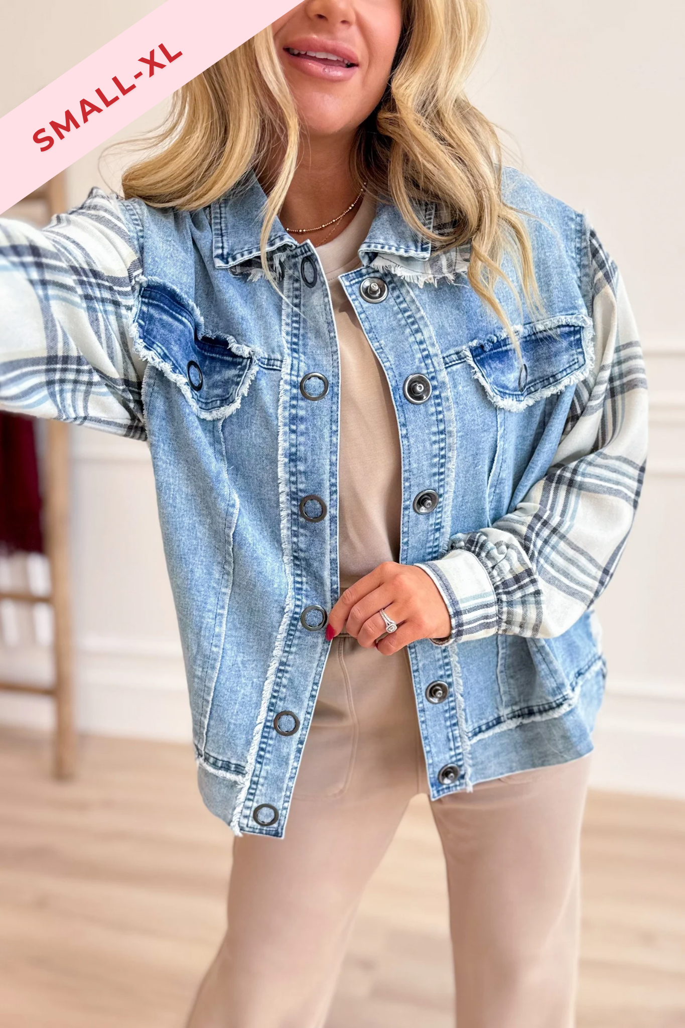 Patty Vintage Plaid Washed Denim Jacket - Be You Boutique
