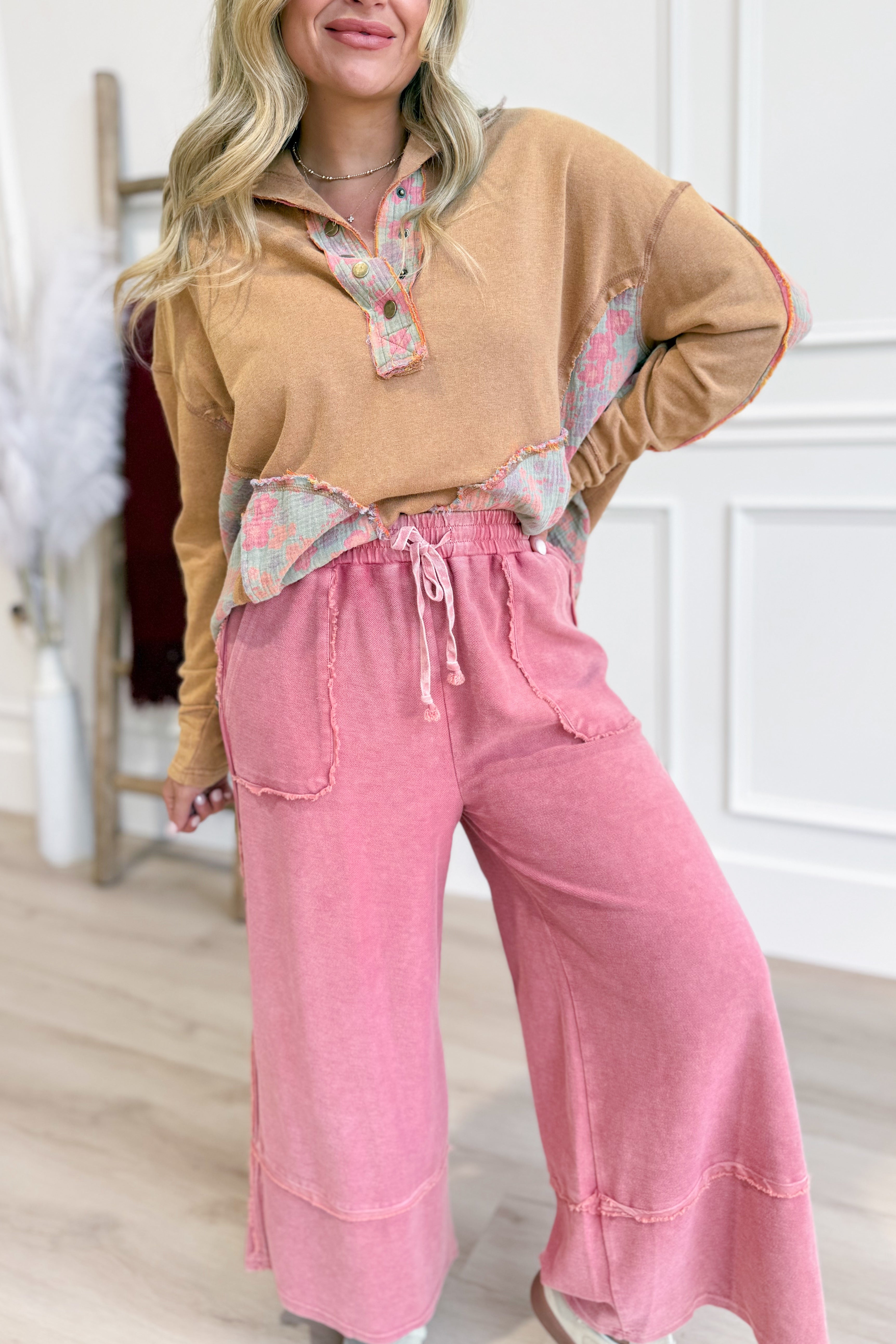 Caris Mineral Washed Upside Down Terry Knit Wide Leg Palazzo Pants - Be You Boutique