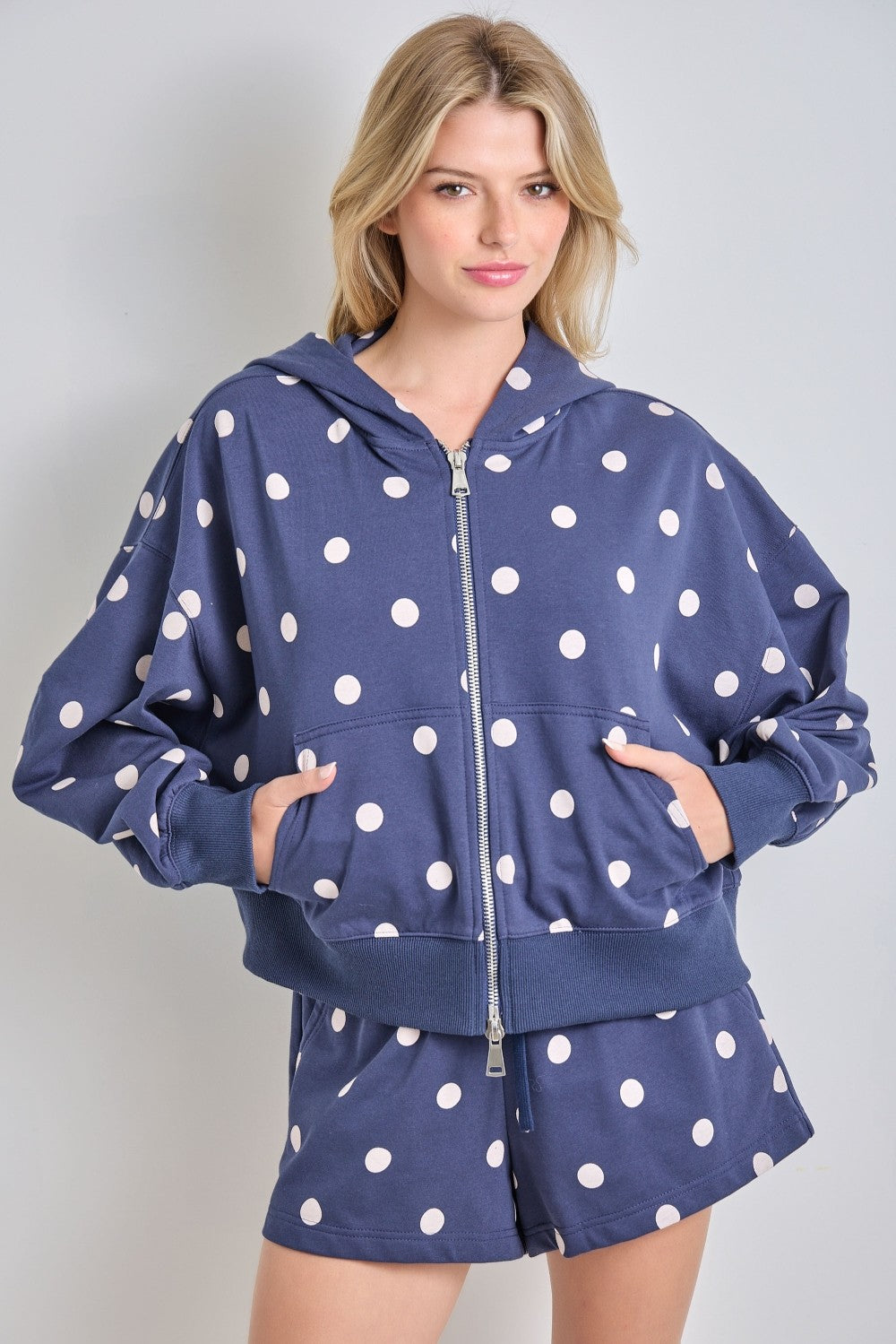 Baevely Ollie polka dot zip-up jacket in 140 outerwear, featuring a stylish polka dot pattern and a front zipper.