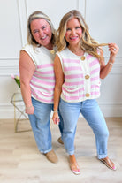 Carrie striped sleeveless sweater top by SHE + SKY, featuring a bright spring design with colorful horizontal stripes.