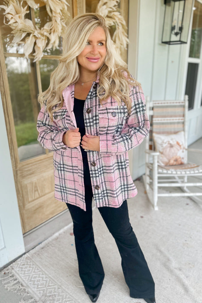 Jerry Long Sleeve Pink Plaid Sequin Shirt Jacket - Be You Boutique