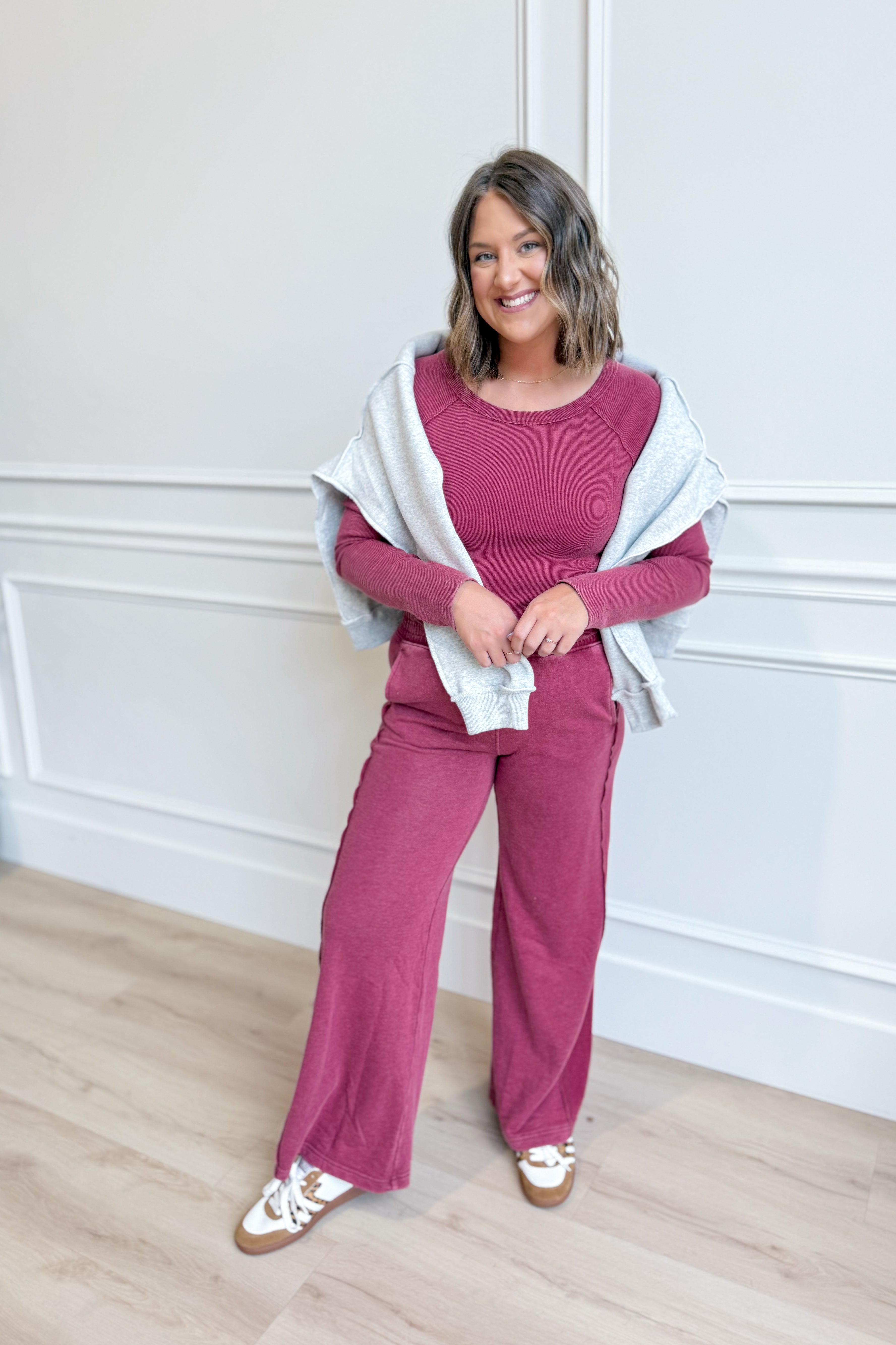 Rae Mode Daphine Crimson French Terry Pant Set, featuring stylish red pants and matching top with a casual, comfortable fit.