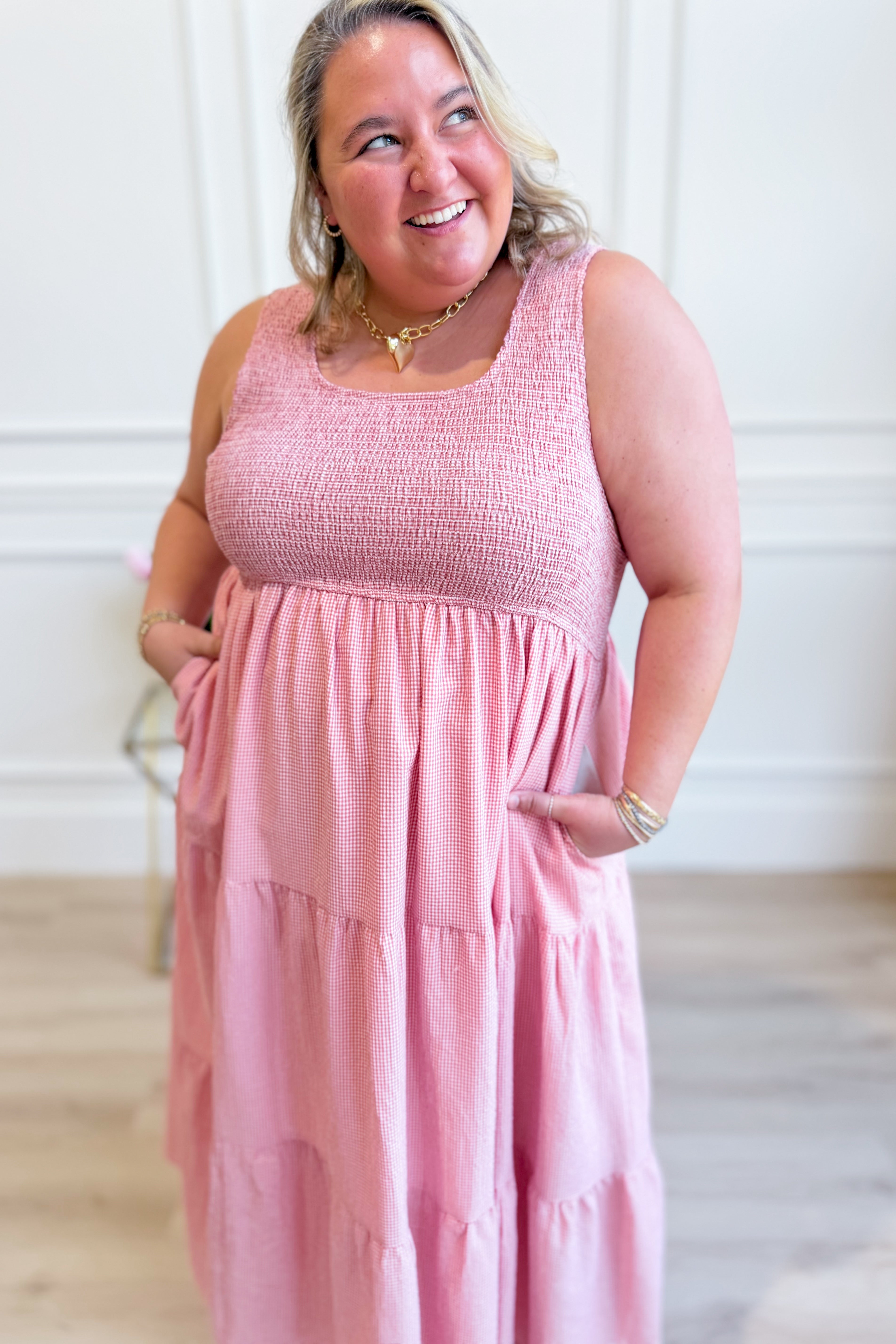 Pink gingham midi dress by BAEVELY, featuring a stylish, dressy design with a fitted waist and flowing skirt.