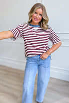 BLU PEPPER Ryan Burgundy color block casual top, 105 style, featuring a stylish mixed fabric design and relaxed fit.