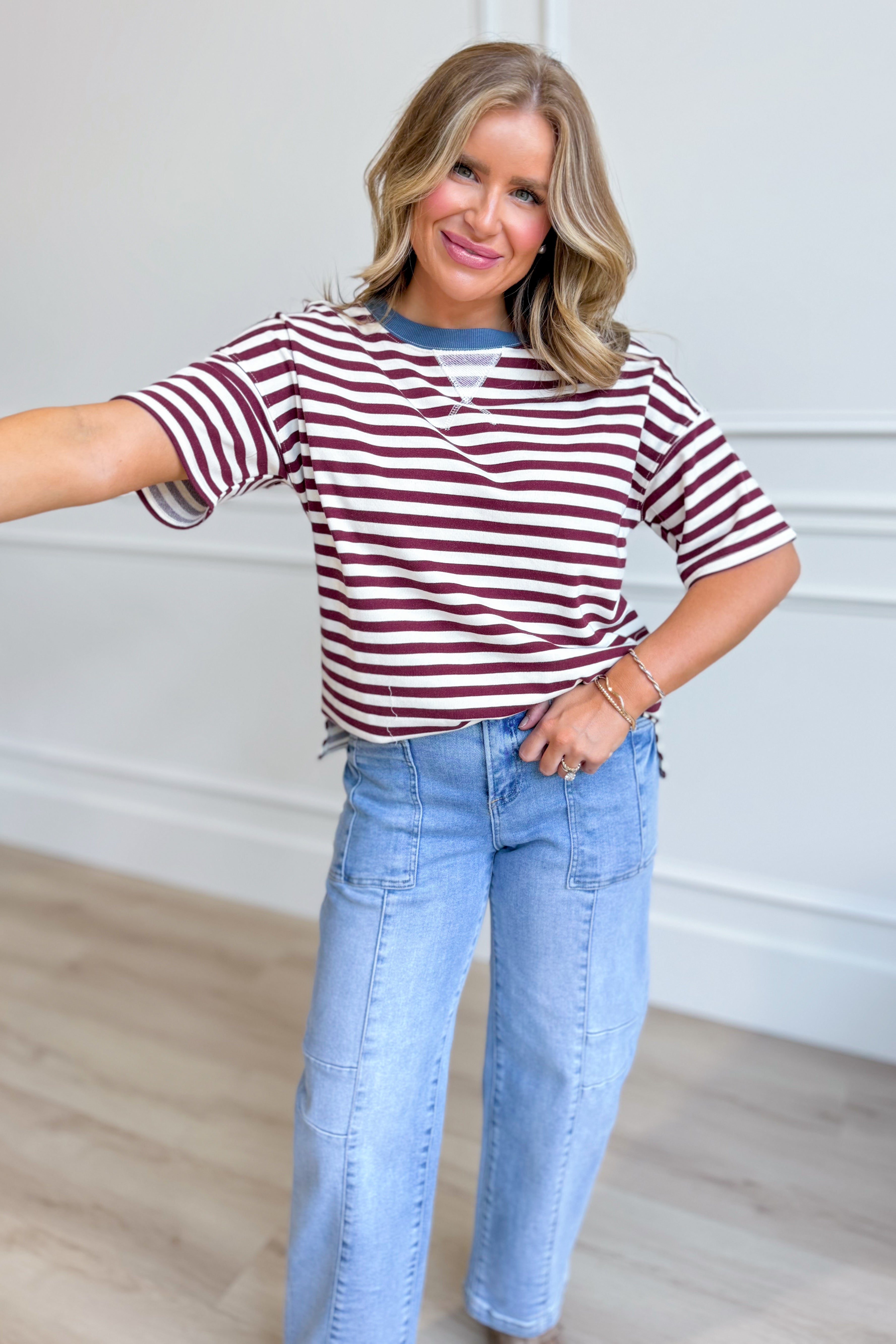 BLU PEPPER Ryan Burgundy color block casual top, 105 style, featuring a stylish mixed fabric design and relaxed fit.