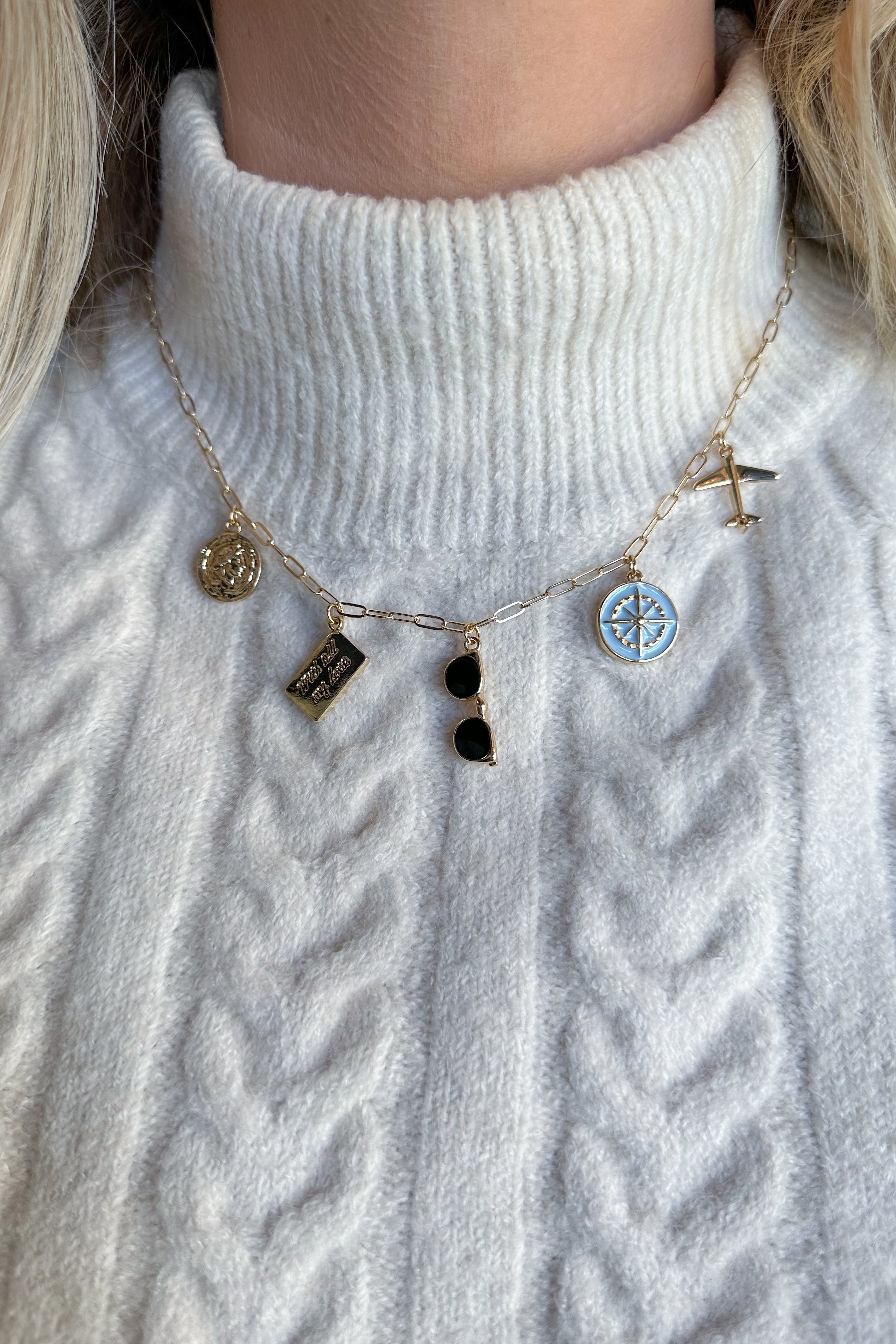 Charm Necklace ~ Gold "Travel" Sunglasses / Airplane Charm Necklace - Be You Boutique