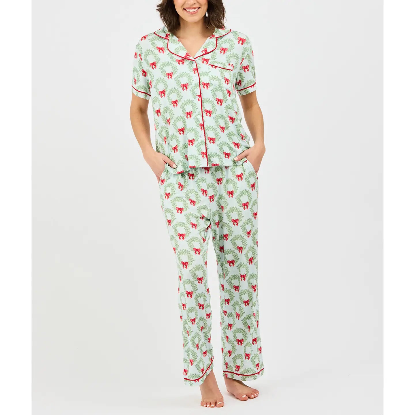 Mary Square Charlotte Holiday Wreath Pajama Set featuring short sleeve top and floral print pants, perfect for festive sleepwear.