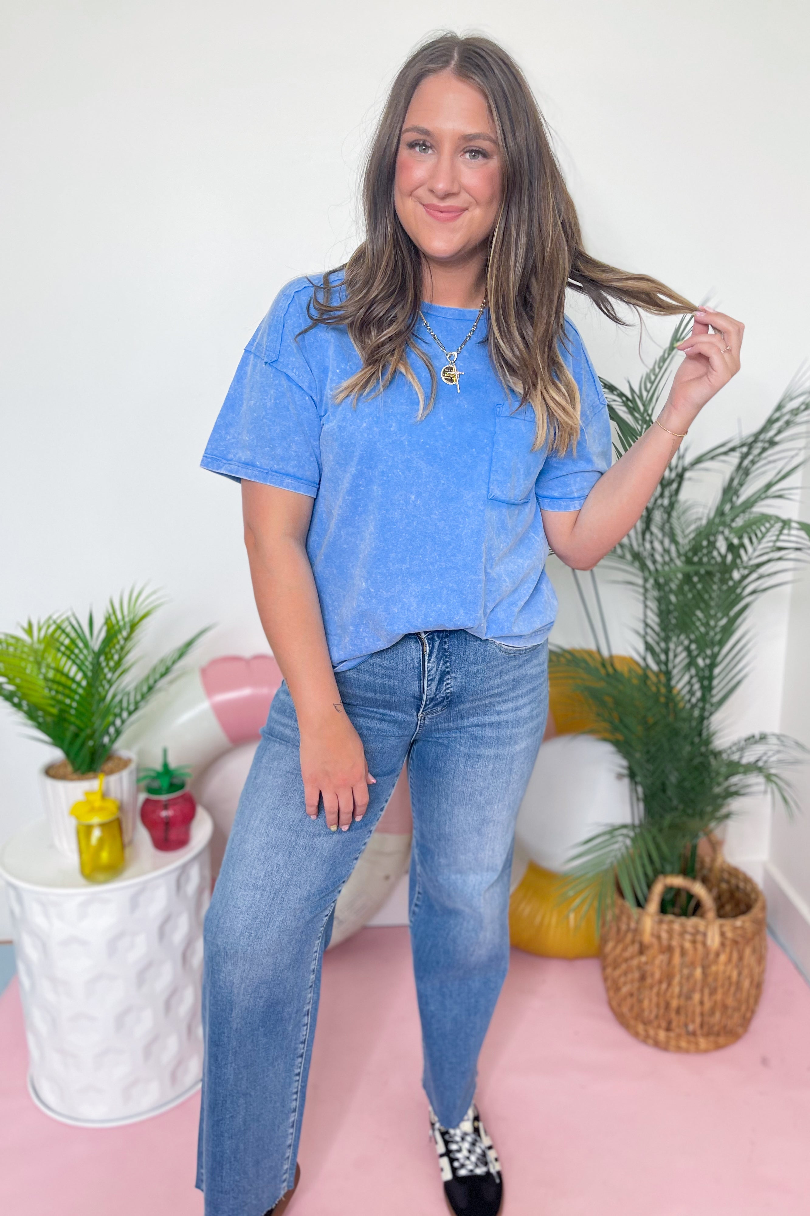 Clara Short Sleeve Washed Knit Pocket Tee - Blue - Be You Boutique