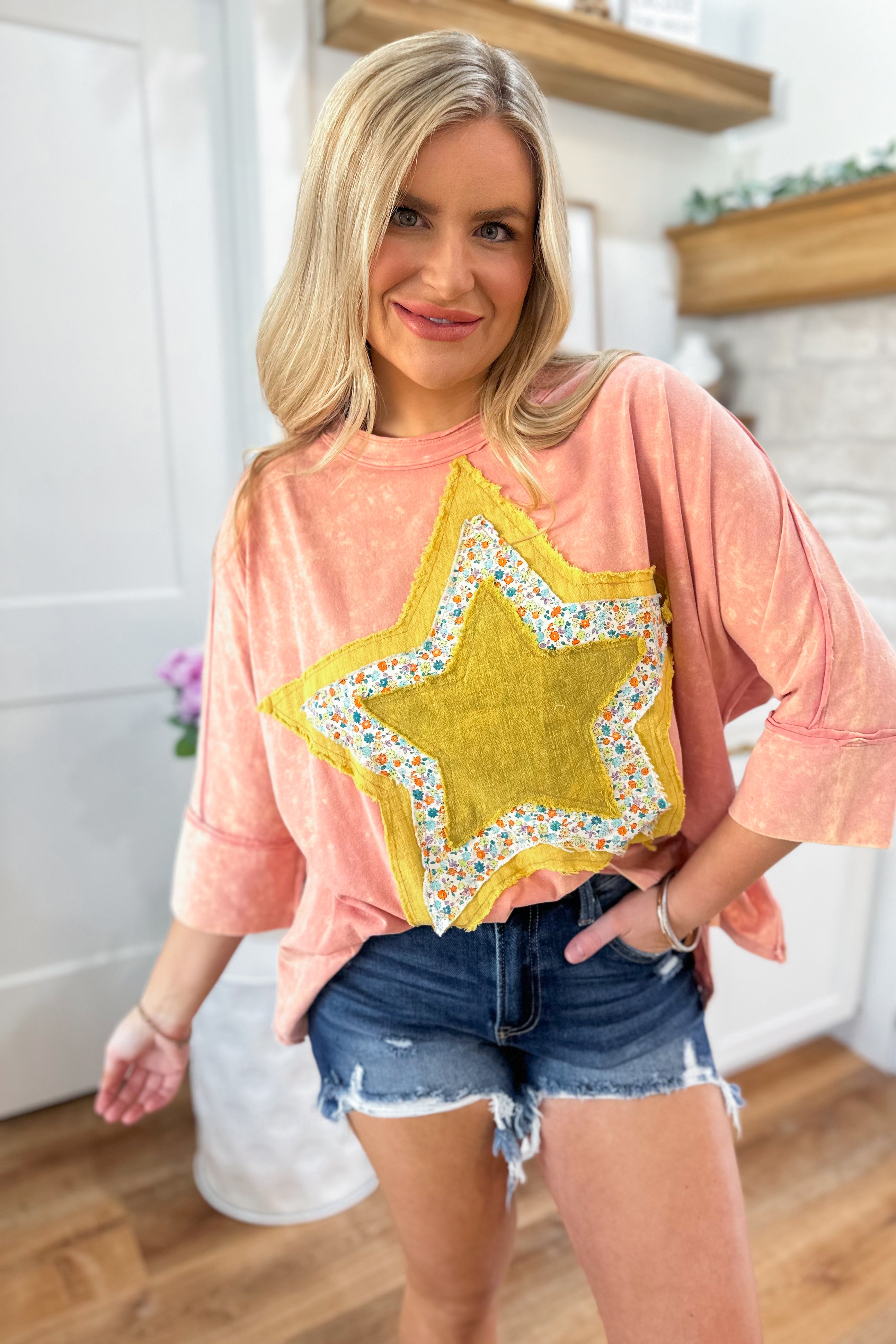 Peachy Keen Half Sleeve Cotton Slub Star Patch Top - Be You Boutique