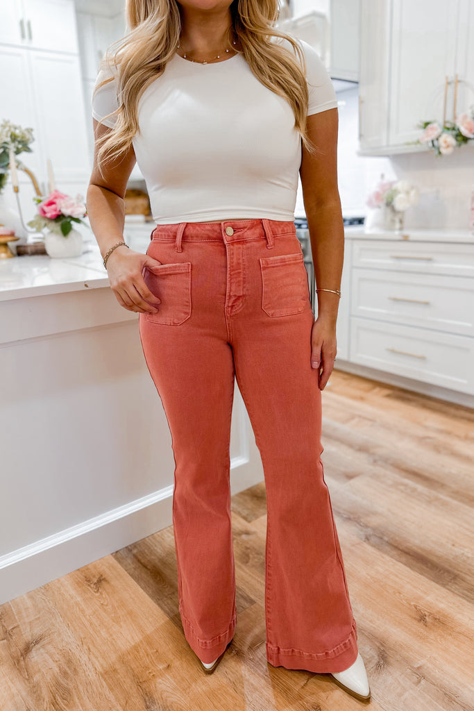 Risen Prissy High Rise Front Patch Pocket Bell Bottom Pants - Be You Boutique