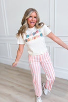 Pink and white striped barrel jeans with a relaxed fit from POPPY & PINE's 147 Novelty Jeans collection.