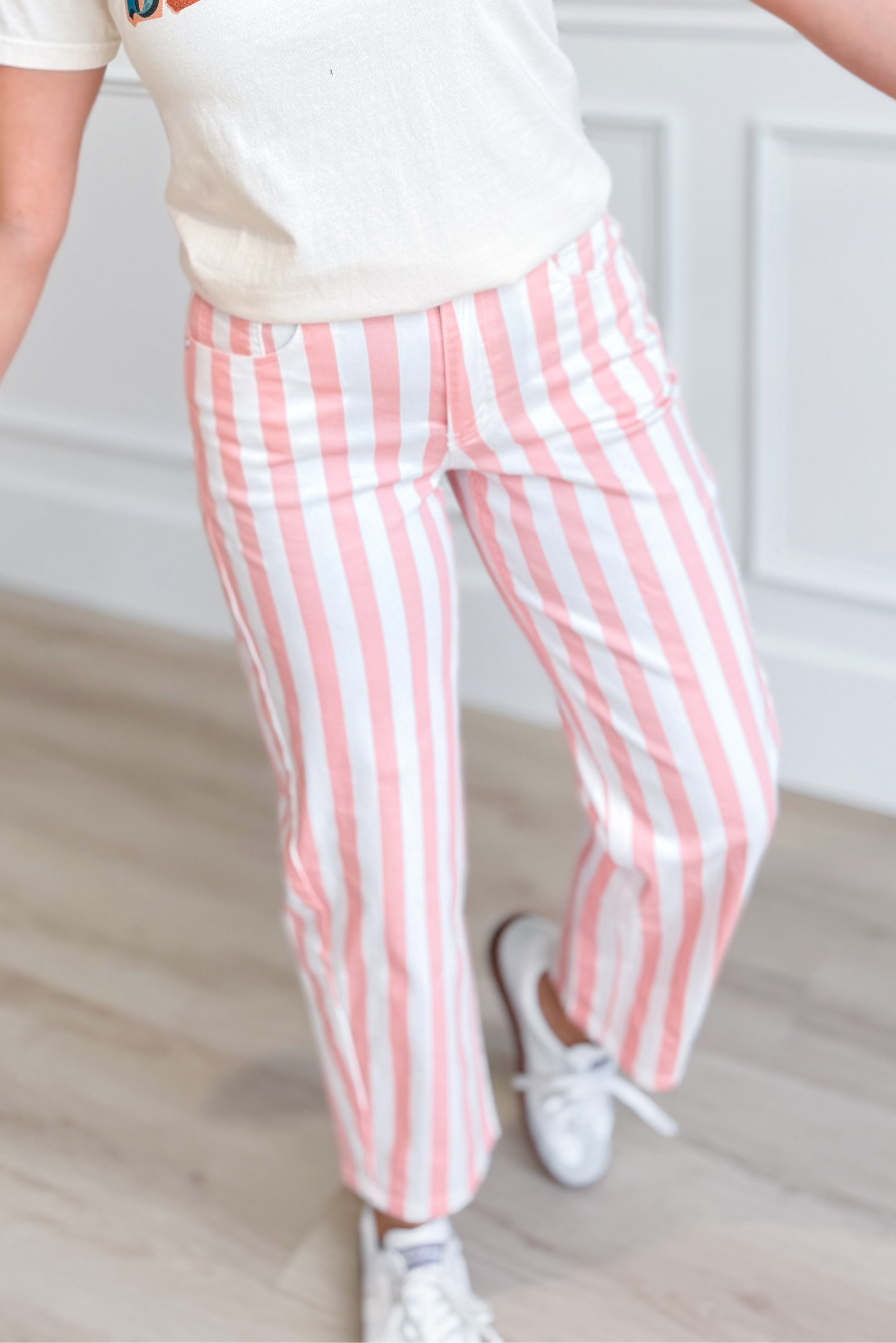 Pink and white striped barrel jeans from POPPY & PINE, featuring a relaxed fit and trendy novelty denim design.