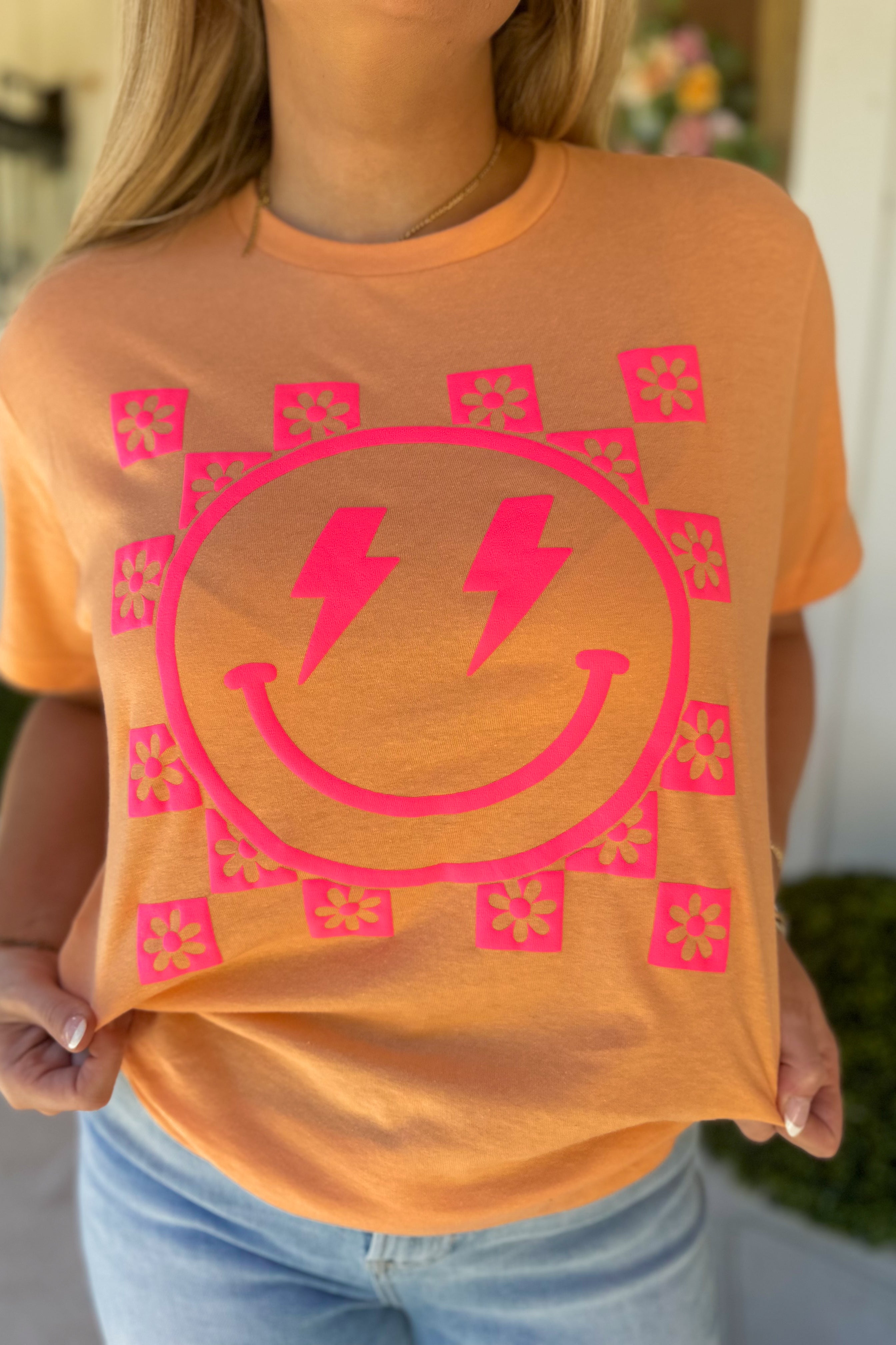 Happy Check Lightening Flower Short Sleeve Graphic Tee - Be You Boutique