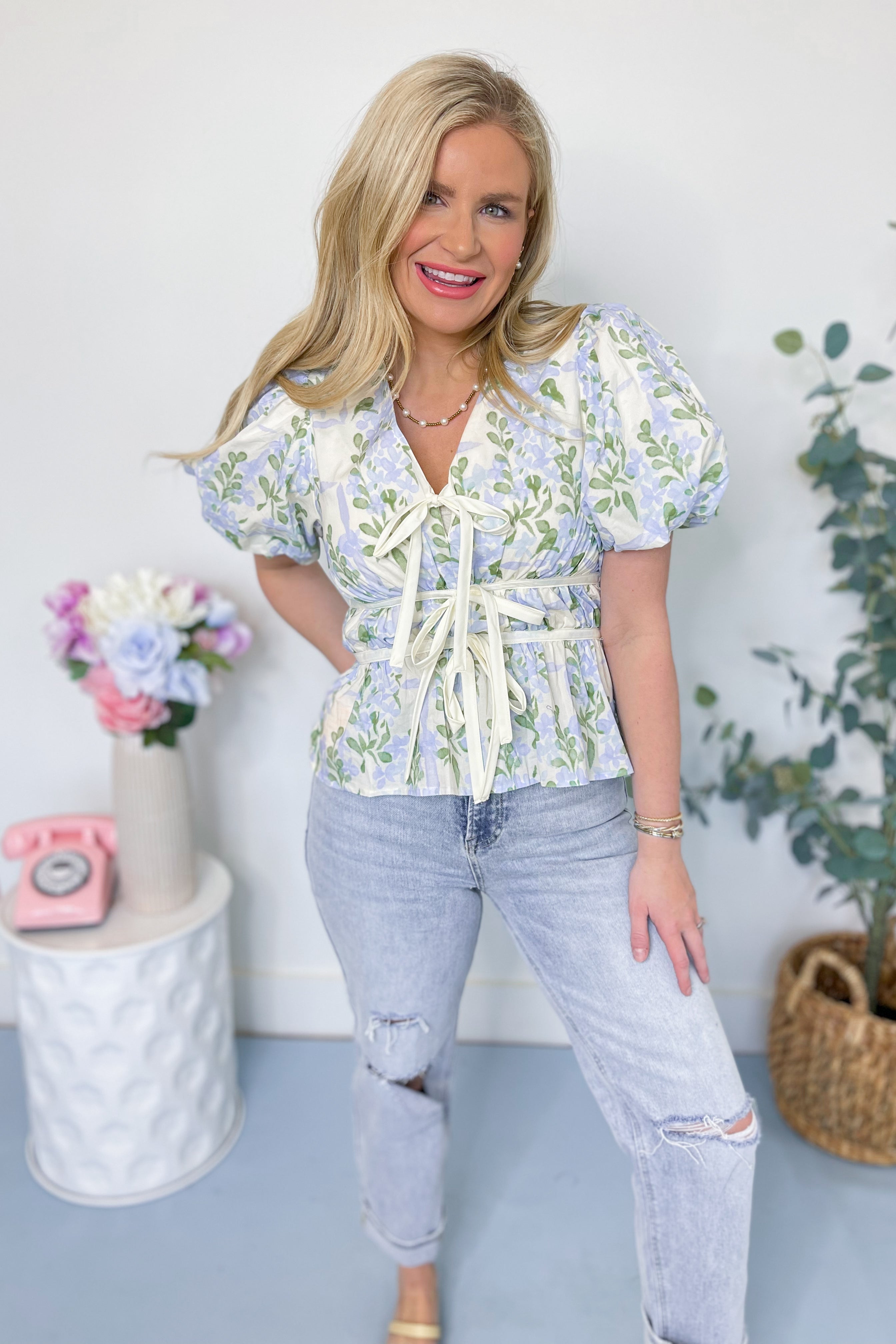 Pamela Floral Tie Front Puff Sleeve Top - Be You Boutique