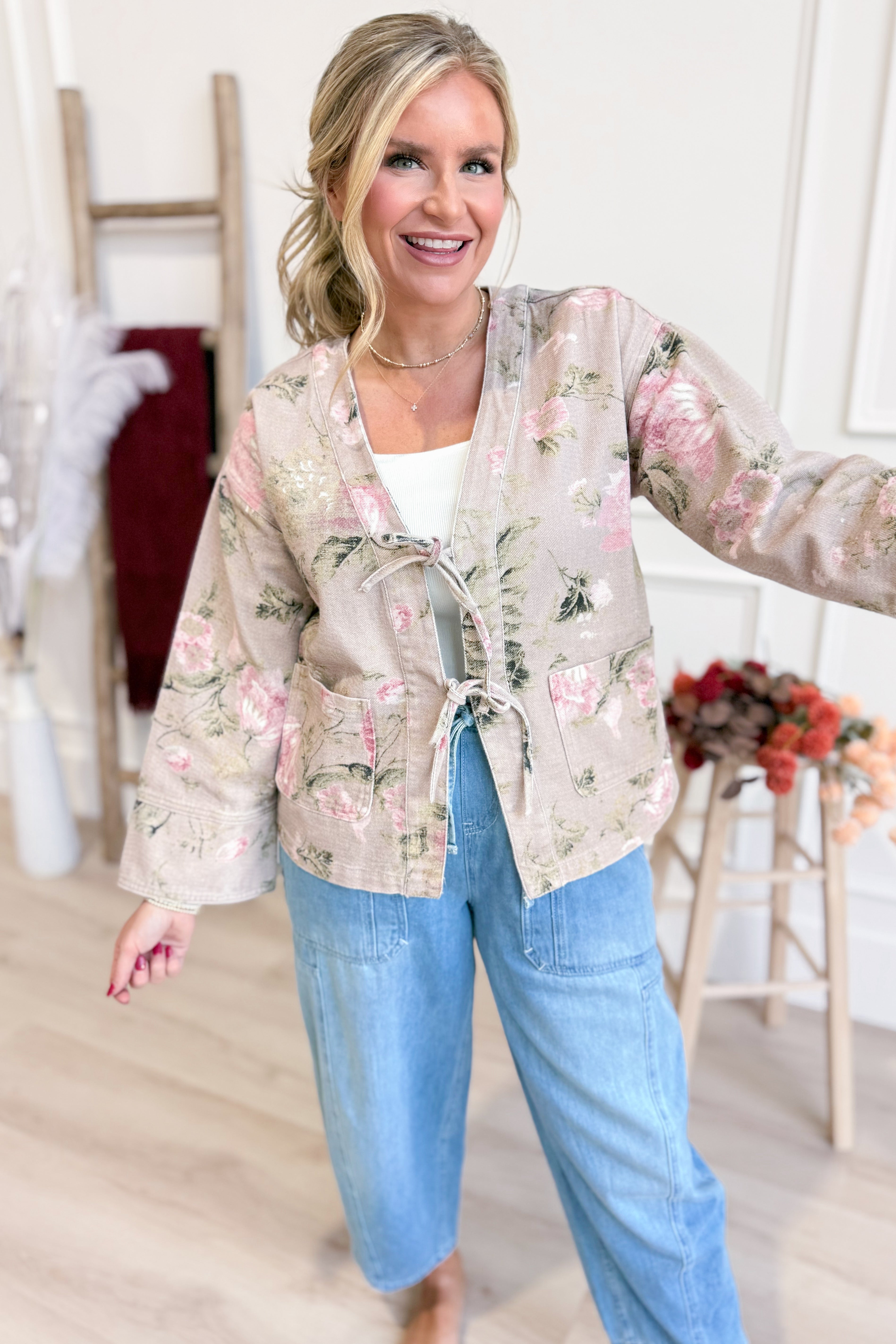 Courtney Floral Tie Front Jacket - Be You Boutique