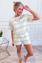Wasabi & Mint Cathy striped casual short set with matching 152 shorts, featuring a comfortable, stylish design perfect for warm weather.