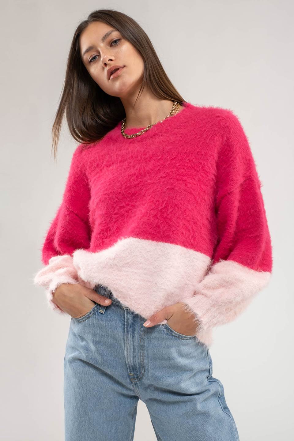 Beatrice Color Block Fuzzy Knit Pullover Sweater - Be You Boutique