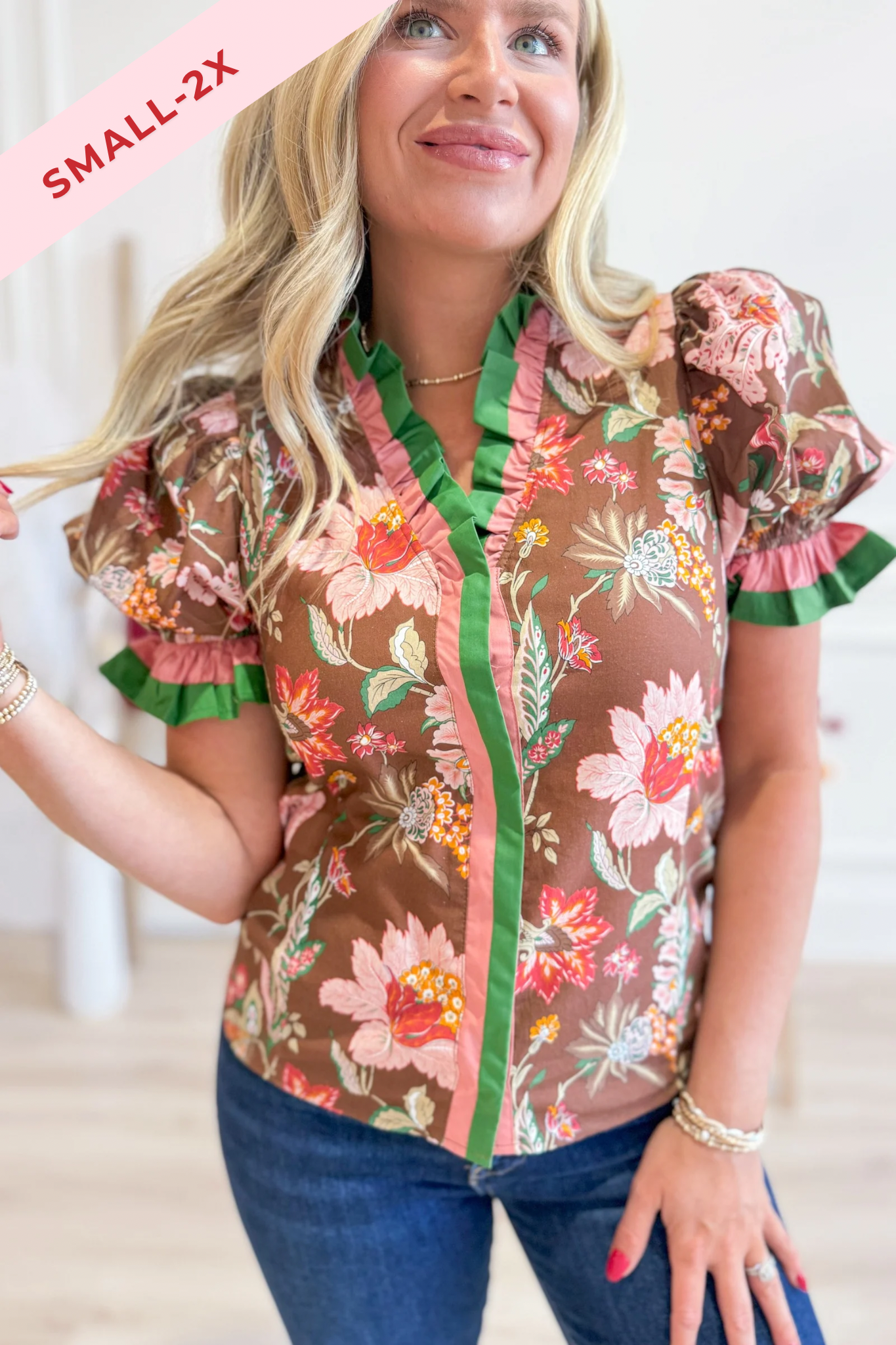Gwen Multi Floral Ruffle Trim Top - Be You Boutique