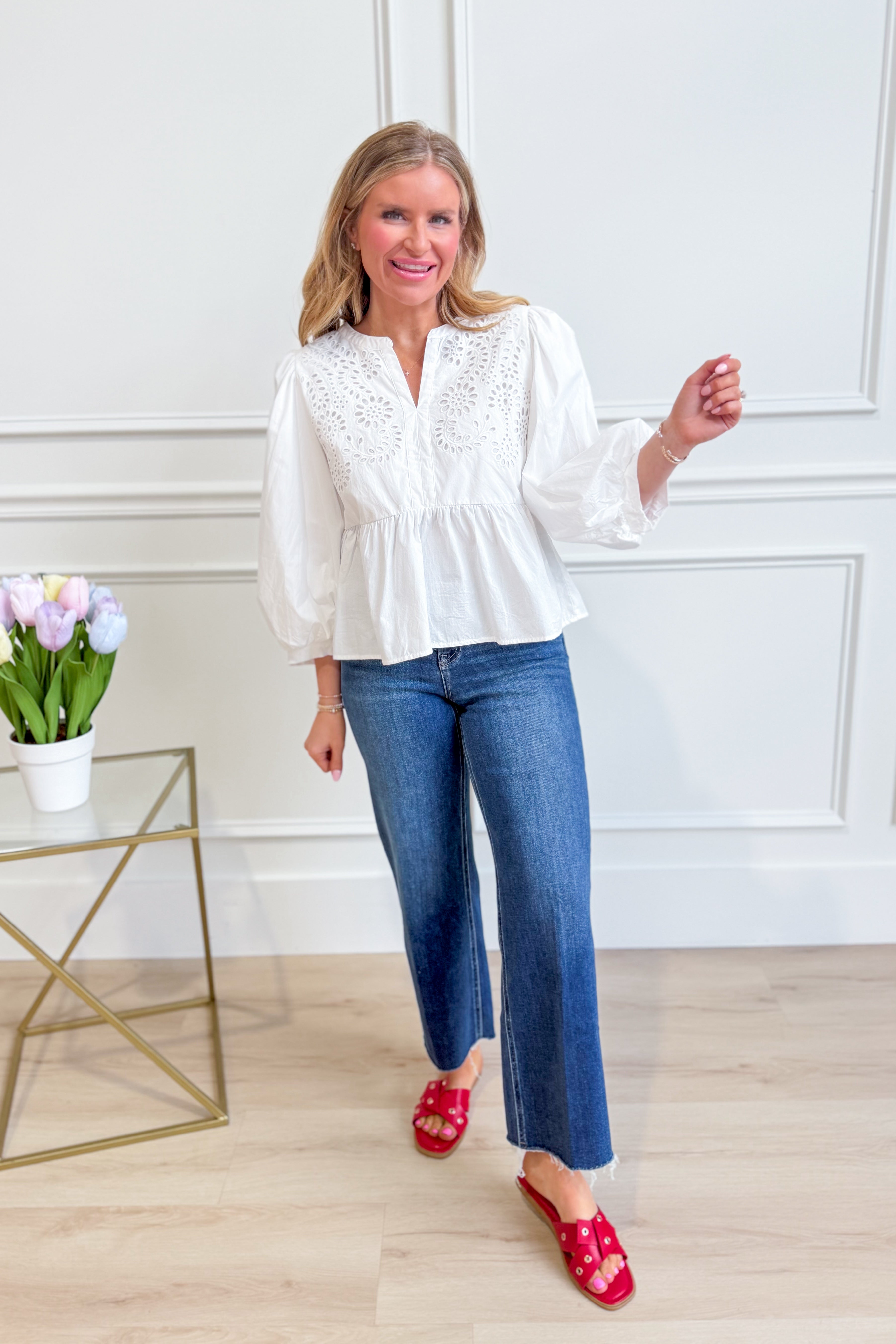 JODIFL Frida eyelet accent peplum top, a stylish dressy top with eyelet details and a fitted peplum silhouette.