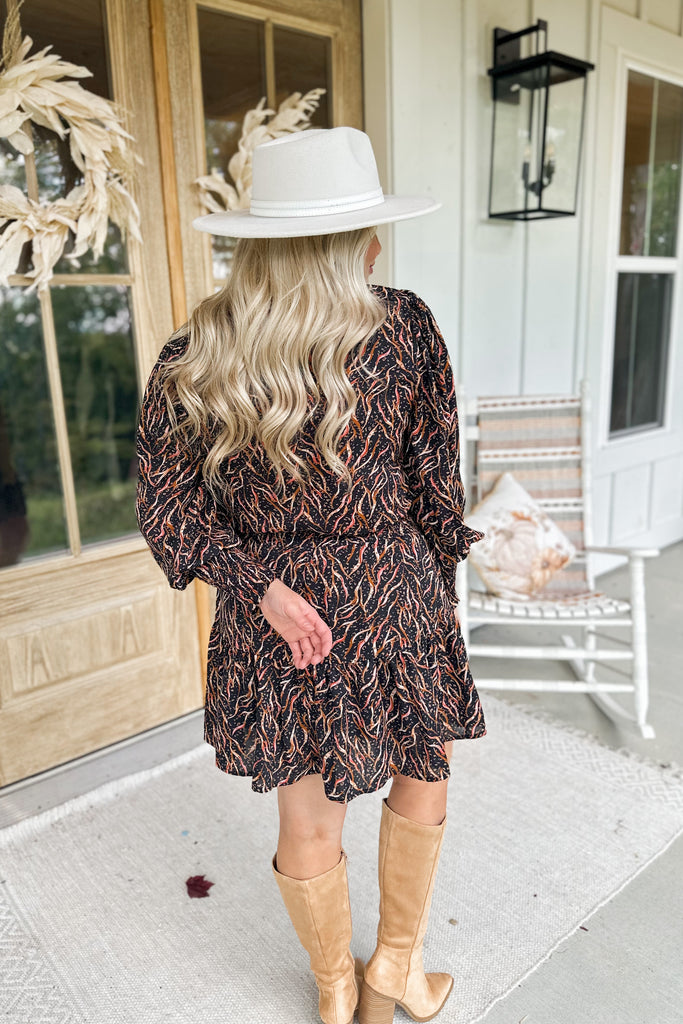 Brook Long Sleeve Tiered Black Print Dress - Be You Boutique