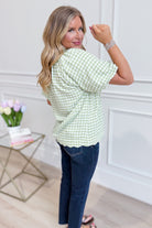 UMGEE USA Rowan Sage plaid puff sleeve top with printed pattern, stylish and dressy women's blouse.
