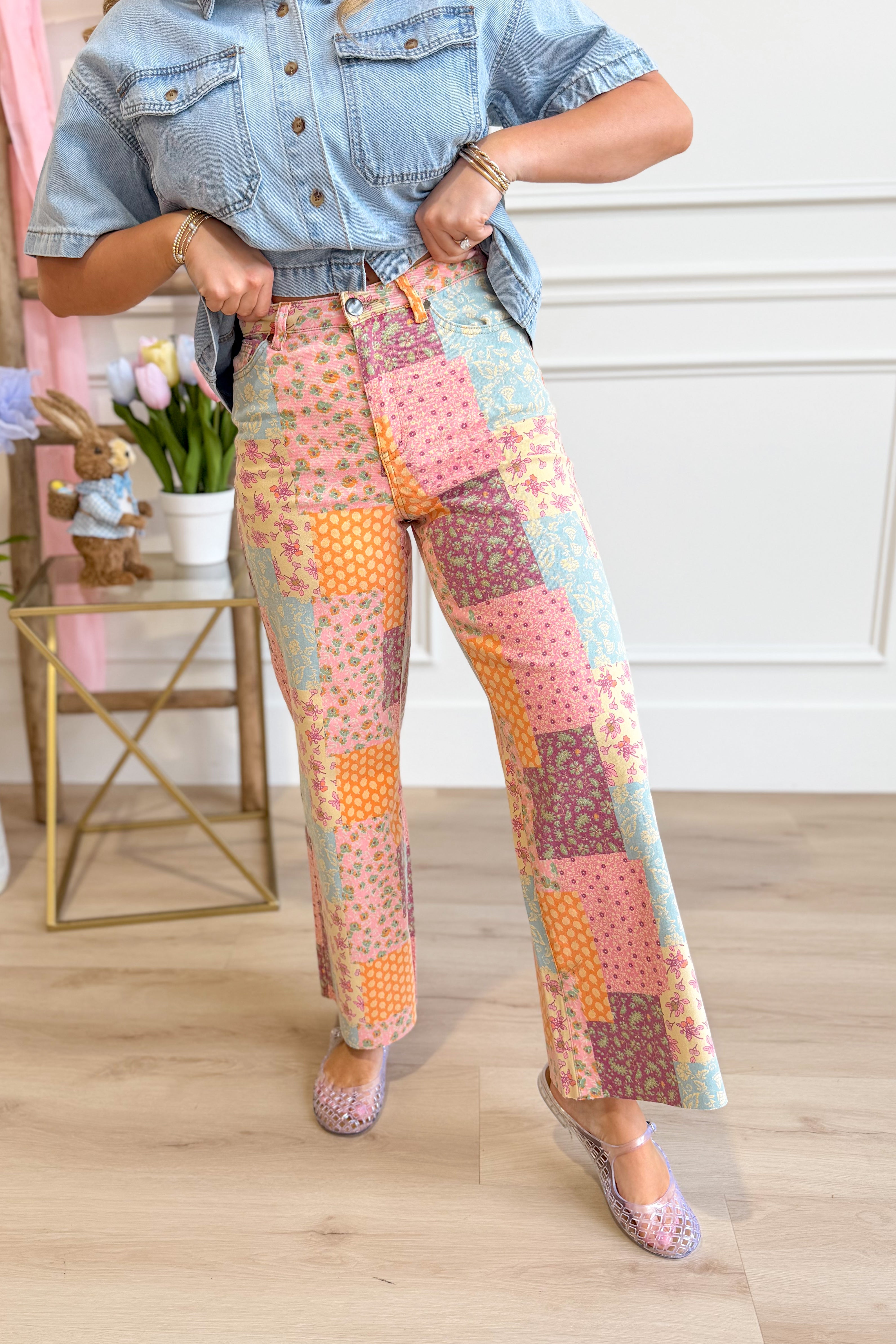 EASEL Cori Multi Pattern Wide Leg Pants from 147 Novelty Jeans, featuring bold, colorful patterns and a relaxed wide-leg fit.