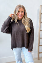 Rachel Espresso Side Slit Sweater from TWENTIFOURTH, a cozy fall sweater with a side slit in rich espresso color.
