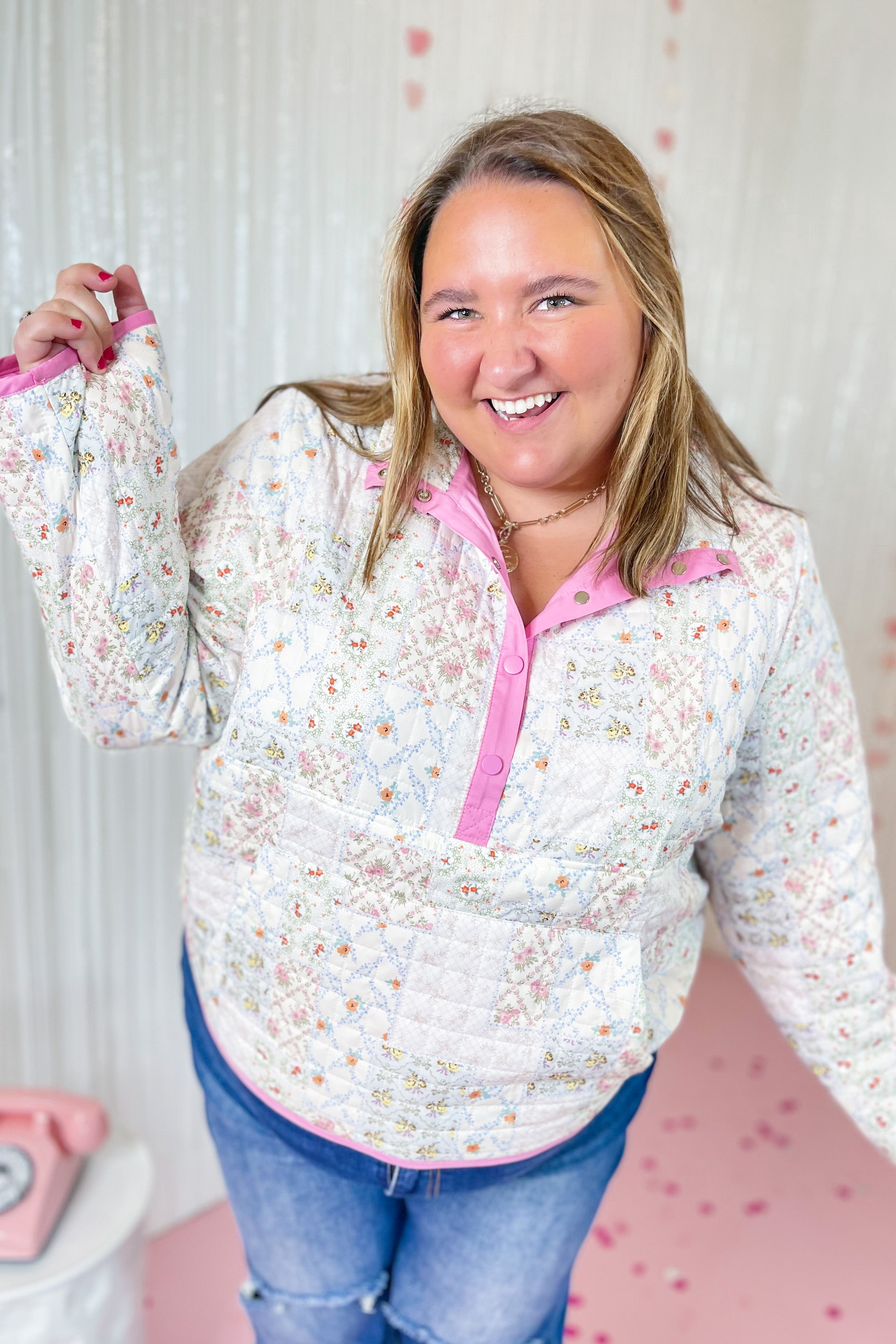 Birdie Quilted Floral Print Snap Front Pullover - Be You Boutique