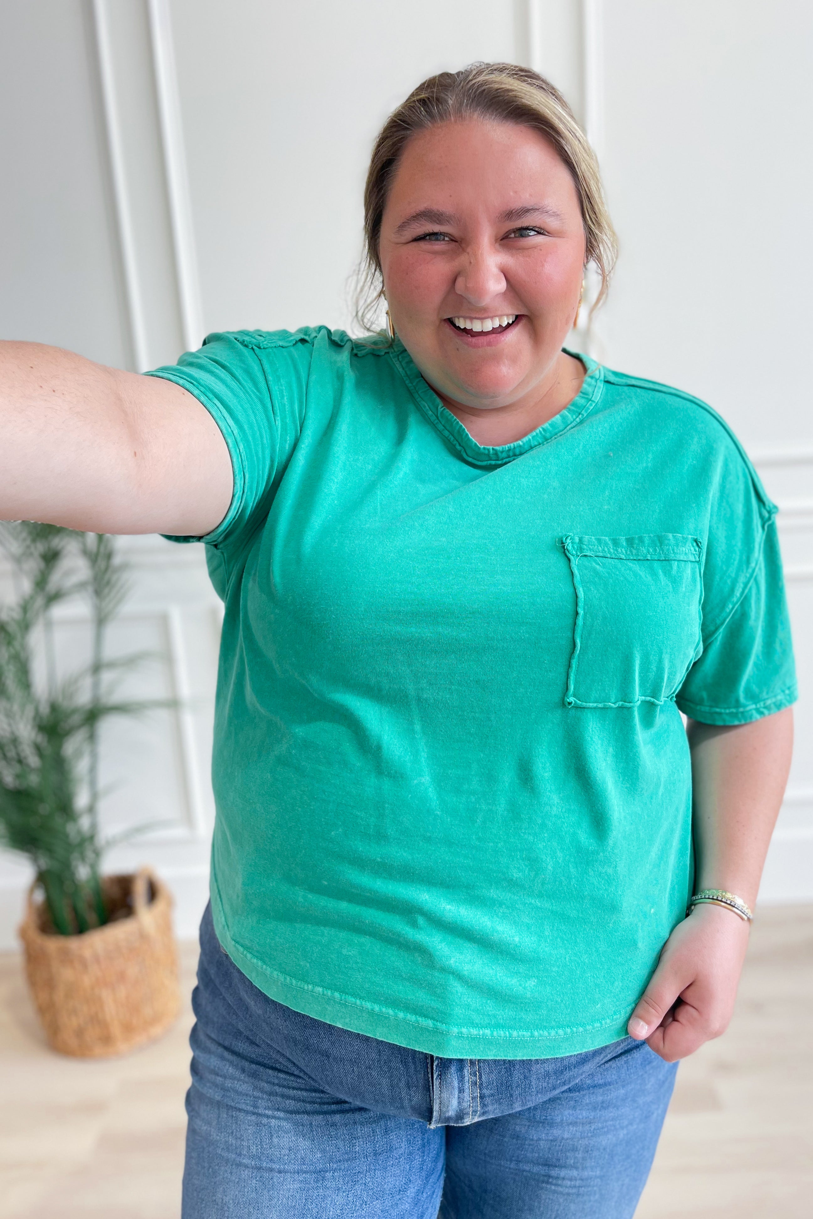 Clara Short Sleeve Washed Knit Pocket Tee - Green - Be You Boutique