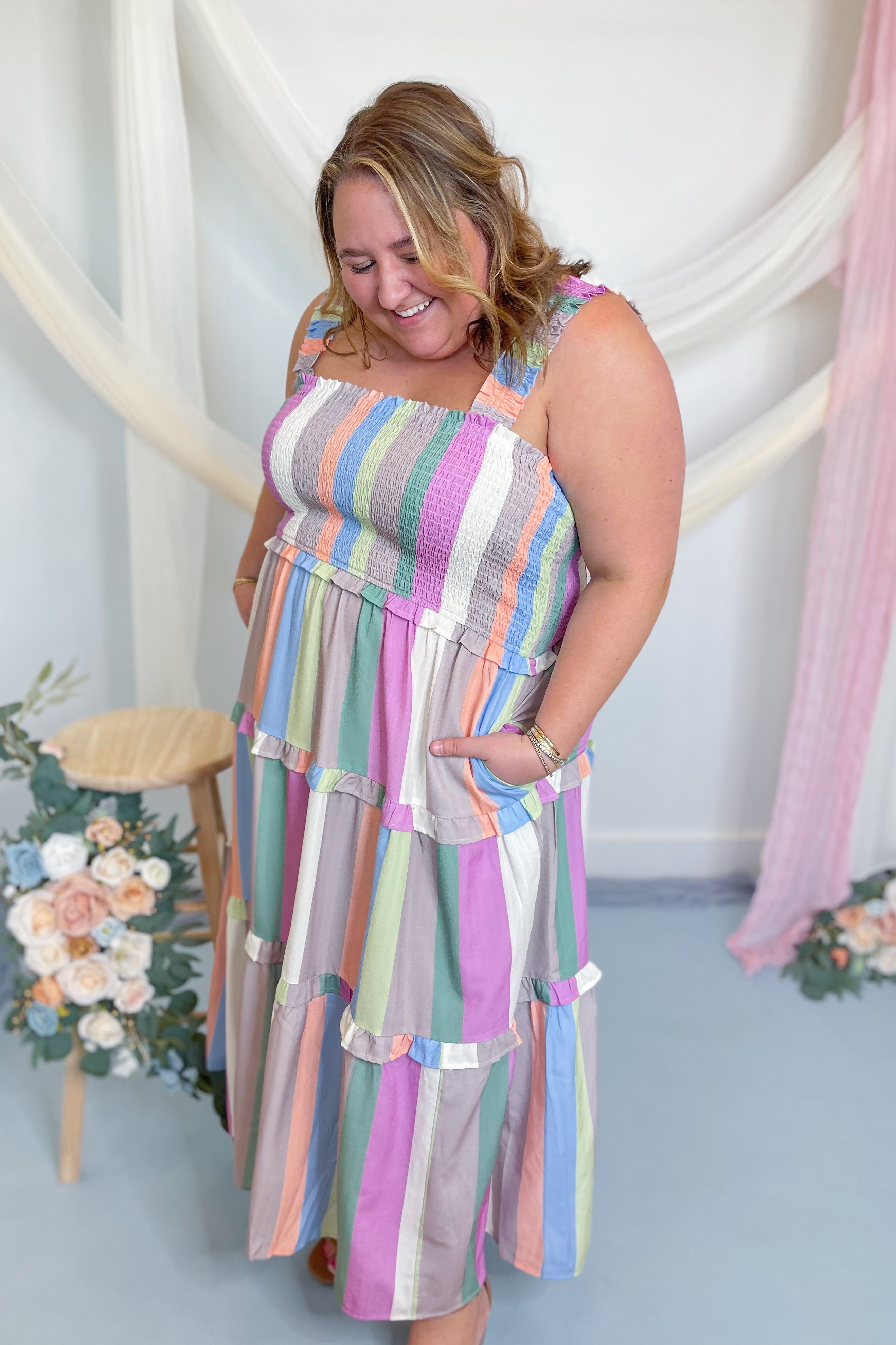 Shelly Striped Smocked Midi Dress - Be You Boutique