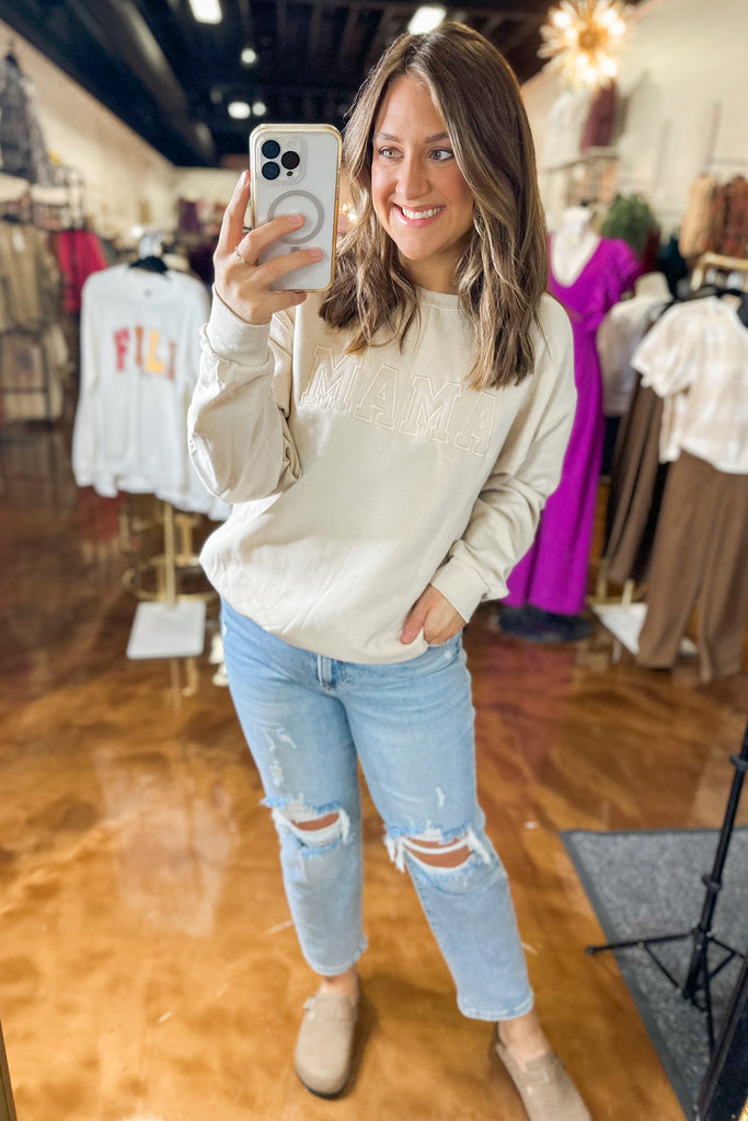 Mama Embroidered Crew Neck Sweatshirt - Be You Boutique
