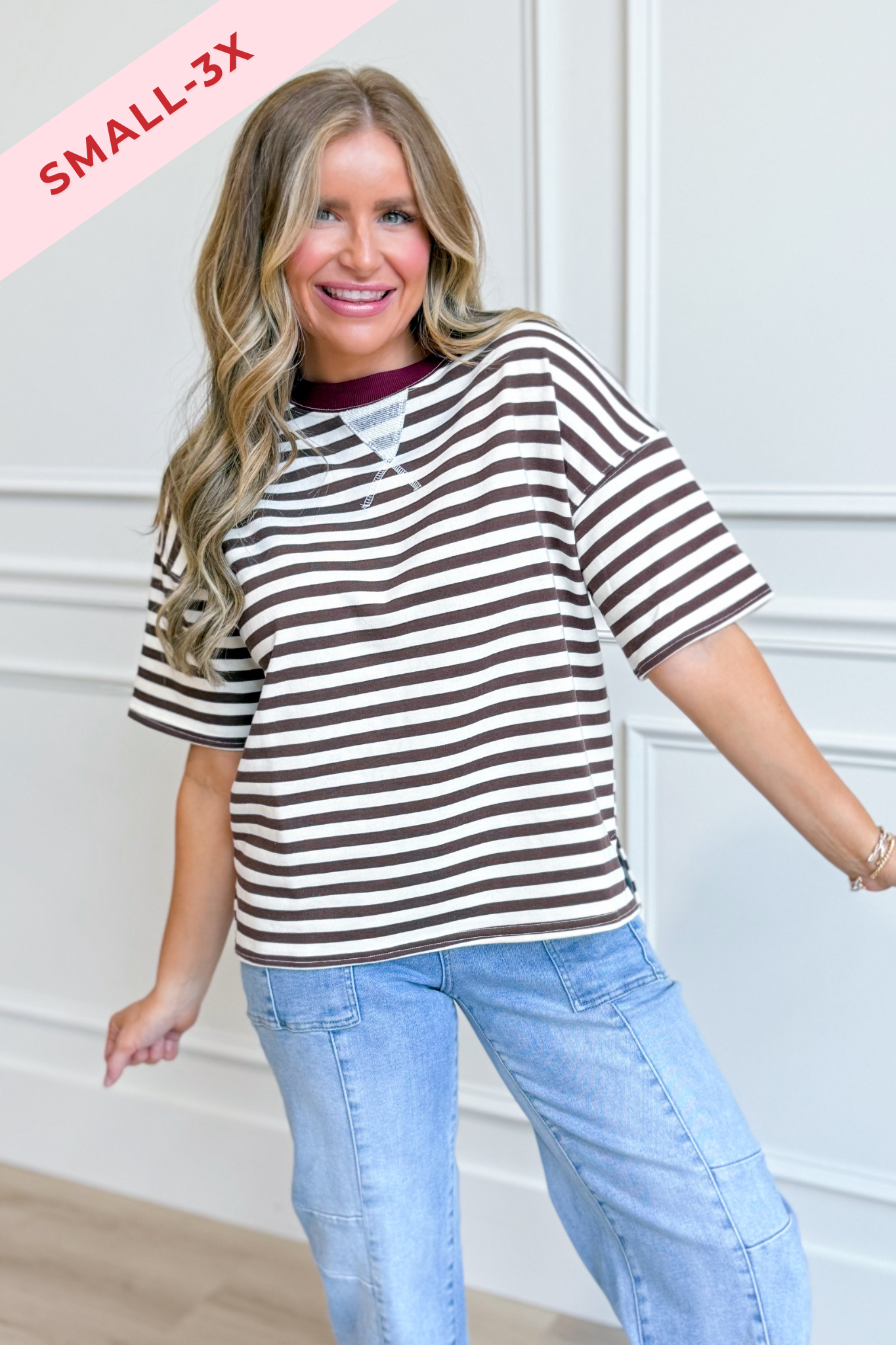 BLU PEPPER Ryan Brown color block casual top with long sleeves, featuring a stylish mixed fabric design.