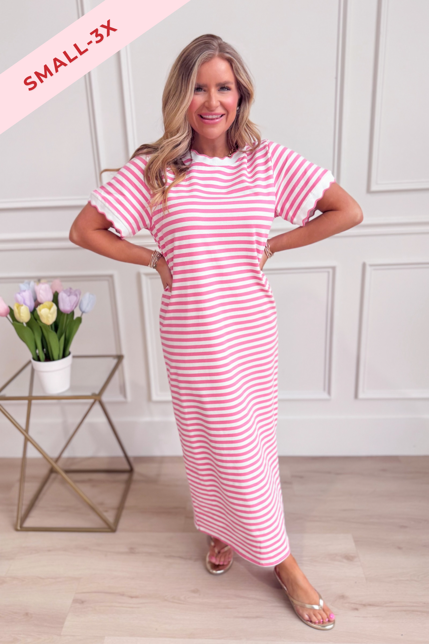 Baevely Piper striped short sleeve midi dress with a relaxed fit, featuring bold horizontal stripes and a casual, stylish design.