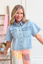 WISHLIST Oscar collared denim button-up top with long sleeves and front pockets, casual style, light blue denim fabric.